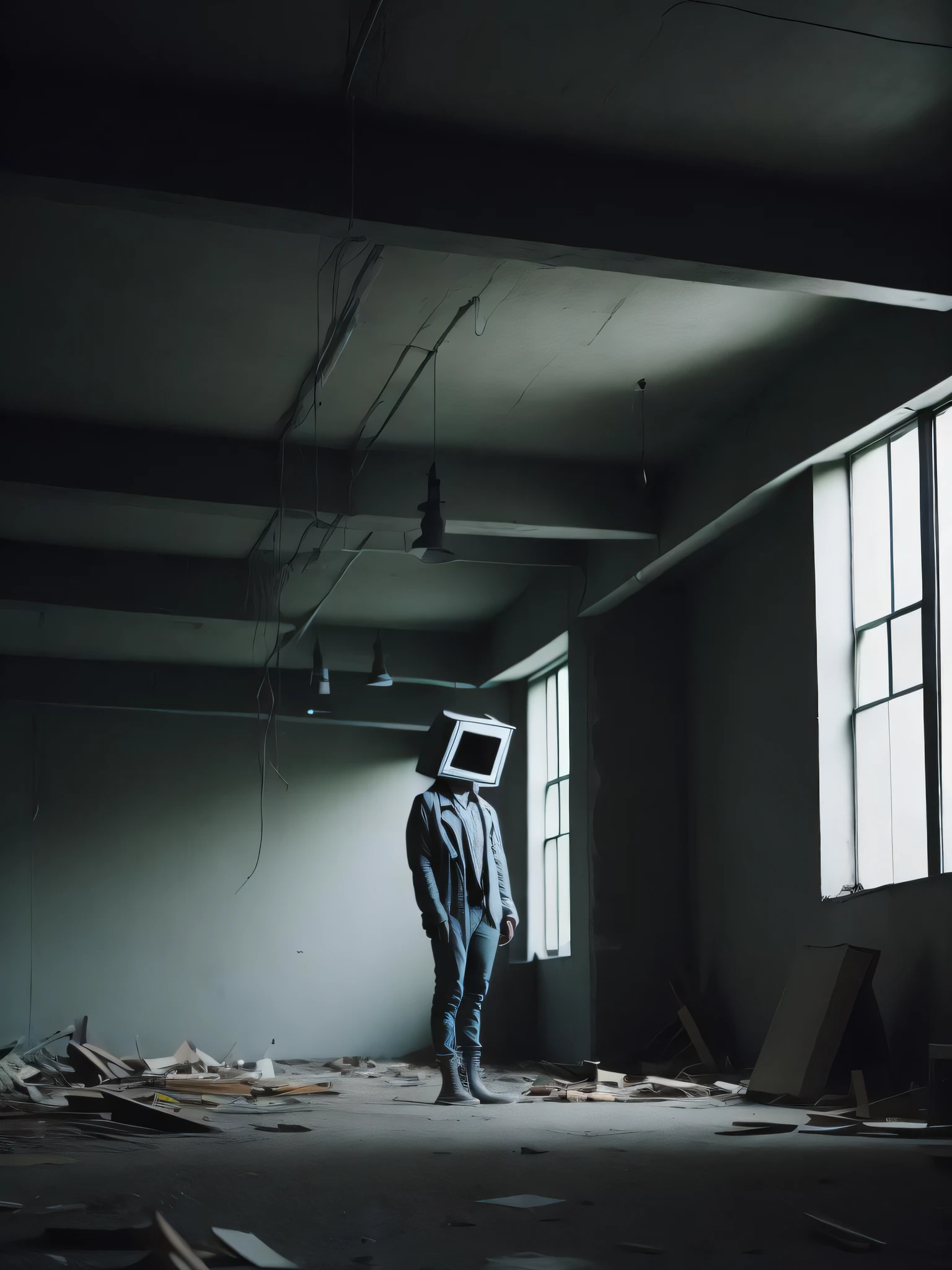 a person standing in an empty building with a box on his head