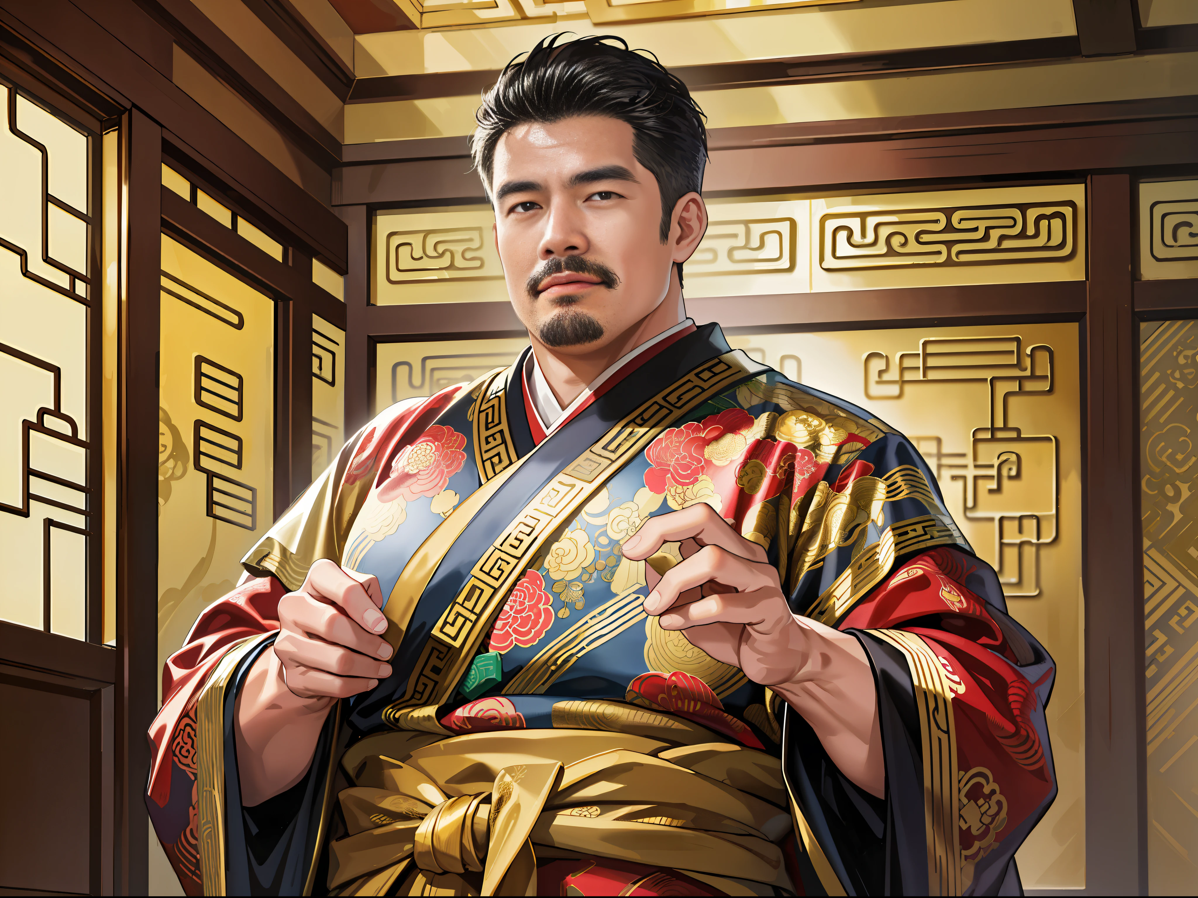 (absurd, high resolution, super detailed, realistic,), 1 middle-aged fat man, 50 years old, holding delicate box, Qing dynasty style, gold theme robe, greasy, rich, rich, room, ancient Chinese style, HD photo.