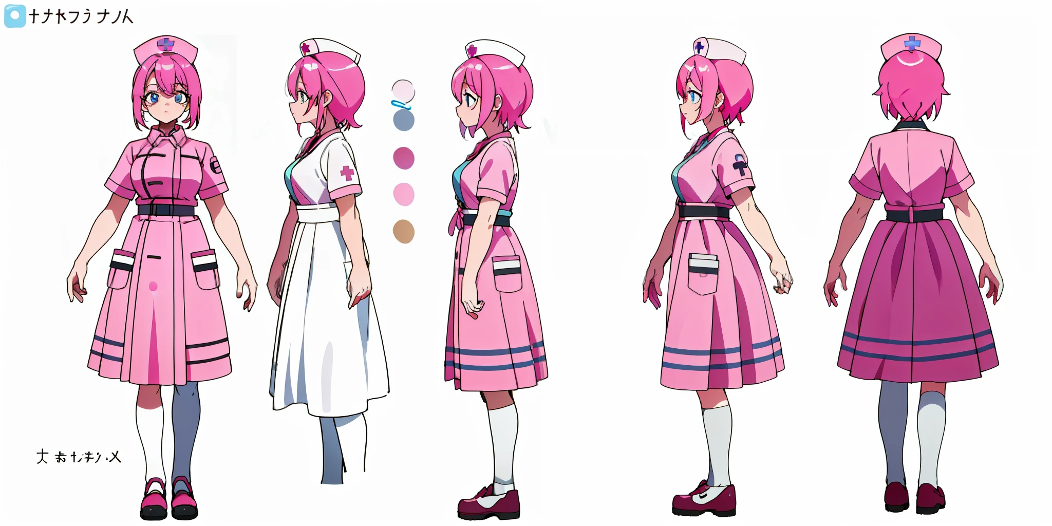 Nurse, blue eyes, pink hair, white background, standing, best quality (1.3), masterpiece (1.2), character sheet