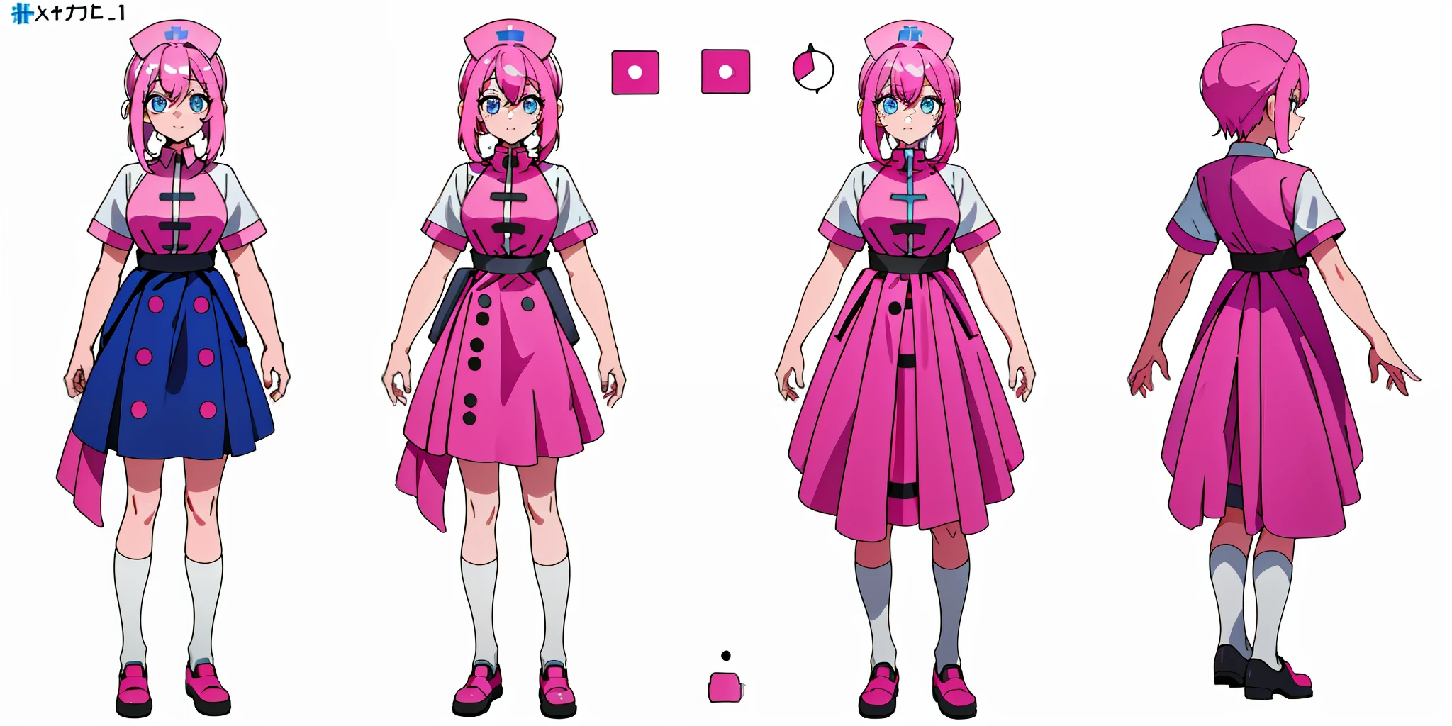 Nurse, blue eyes, pink hair, white background, standing, best quality (1.3), masterpiece (1.2), character sheet