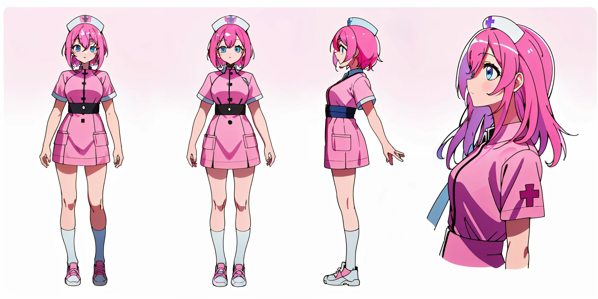 Nurse, blue eyes, pink hair, white background, standing, best quality (1.3), masterpiece (1.2), character sheet