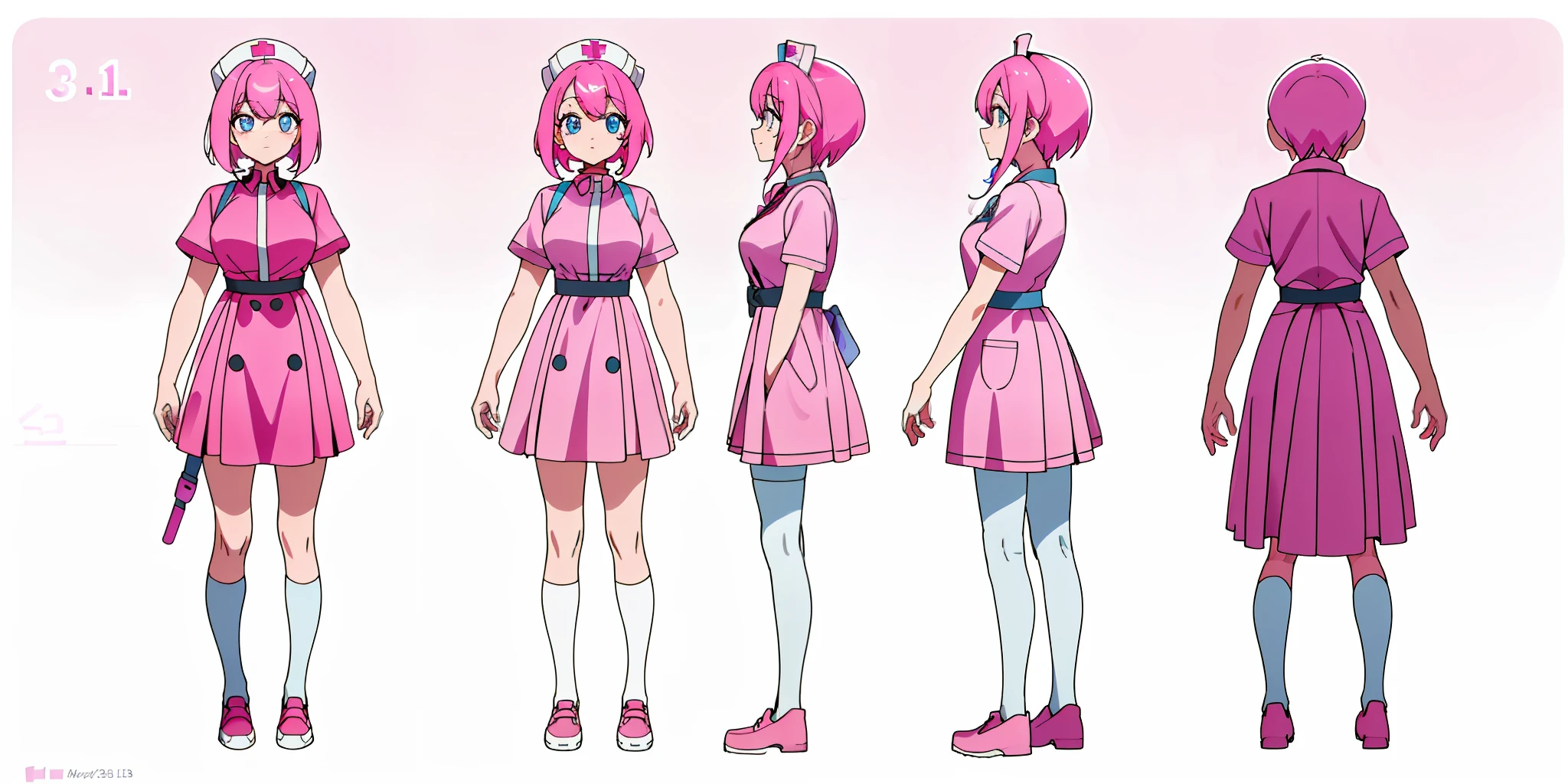 Nurse, blue eyes, pink hair, white background, standing, best quality (1.3), masterpiece (1.2), character sheet