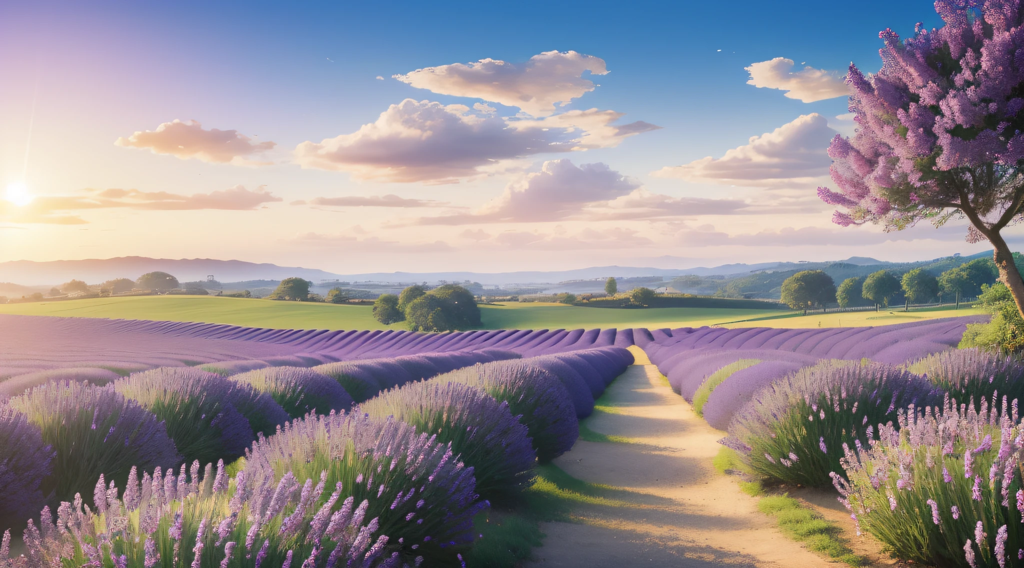 In the picture, a large field of lavender flowers extends into the distance, and the sea of purple flowers shimmers in the sun, making people feel a sense of tranquility and romance. There are also several butterflies flying among the lavender in the picture, which adds to the beauty and vitality of the picture. This painting vividly shows the beauty and romance of lavender, making people feel a sense of tranquility and peace. Realistic, 8K UHD, Studio Quality, Ultra Realistic, Maximum Detail, Massive Scale, Post-Process, Photorealistic, Photoshop, Photography, Detailed, Cinematic Lighting, Landscape, Panorama, Landscape, Ray Tracing, Cinema4D