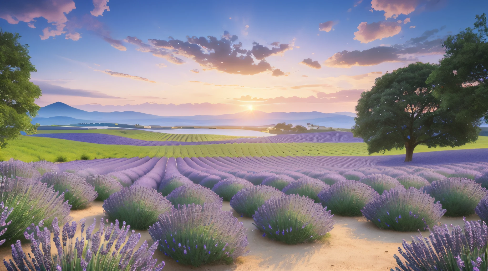 In the picture, a large field of lavender flowers extends into the distance, and the sea of purple flowers shimmers in the sun, making people feel a sense of tranquility and romance. There are also several butterflies flying among the lavender in the picture, which adds to the beauty and vitality of the picture. This painting vividly shows the beauty and romance of lavender, making people feel a sense of tranquility and peace. Realistic, 8K UHD, Studio Quality, Ultra Realistic, Maximum Detail, Massive Scale, Post-Process, Photorealistic, Photoshop, Photography, Detailed, Cinematic Lighting, Landscape, Panorama, Landscape, Ray Tracing, Cinema4D