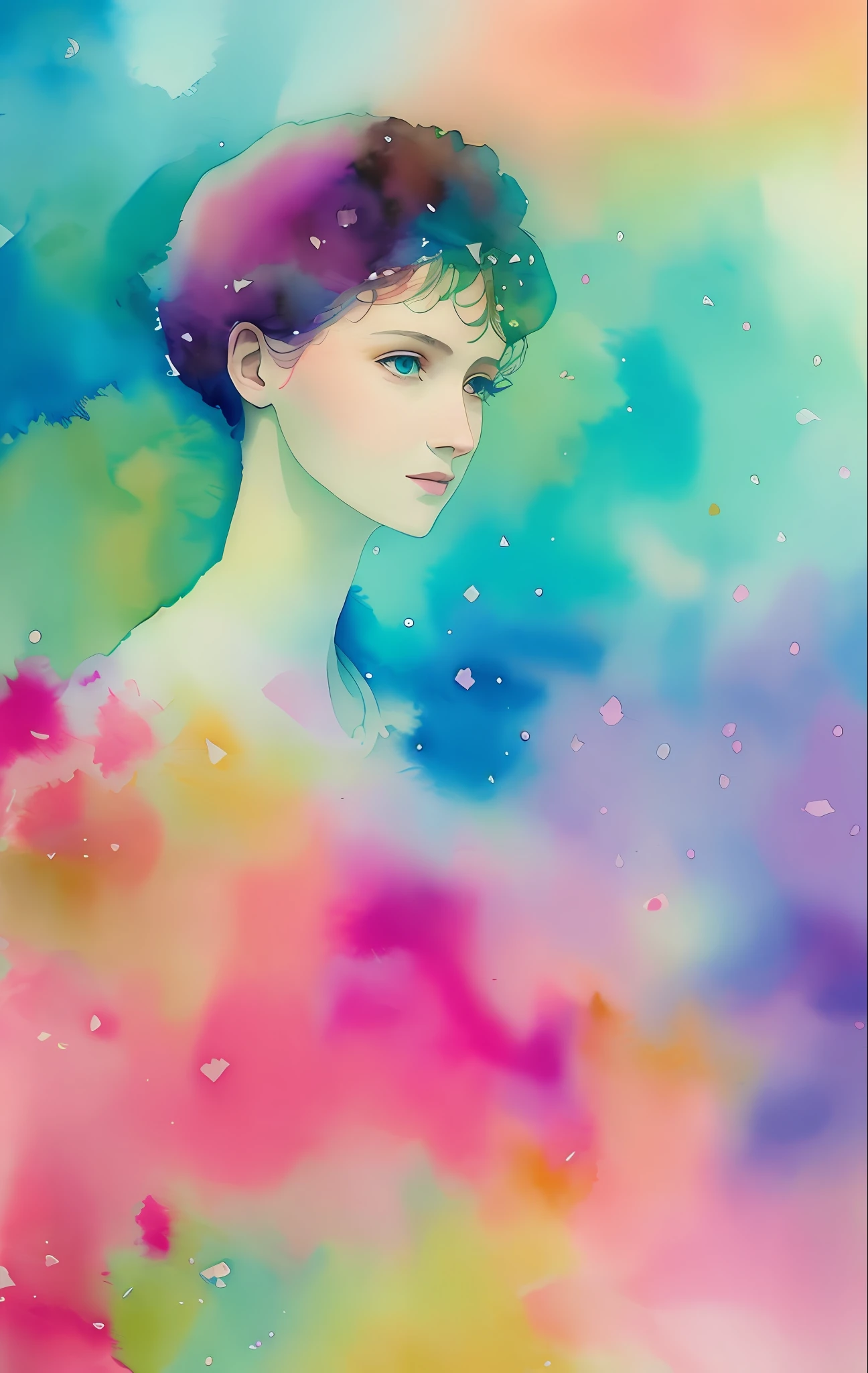 Agnes Cecil woman, bright design, pastel colors, ink drops, spring light, watercolor paper texture