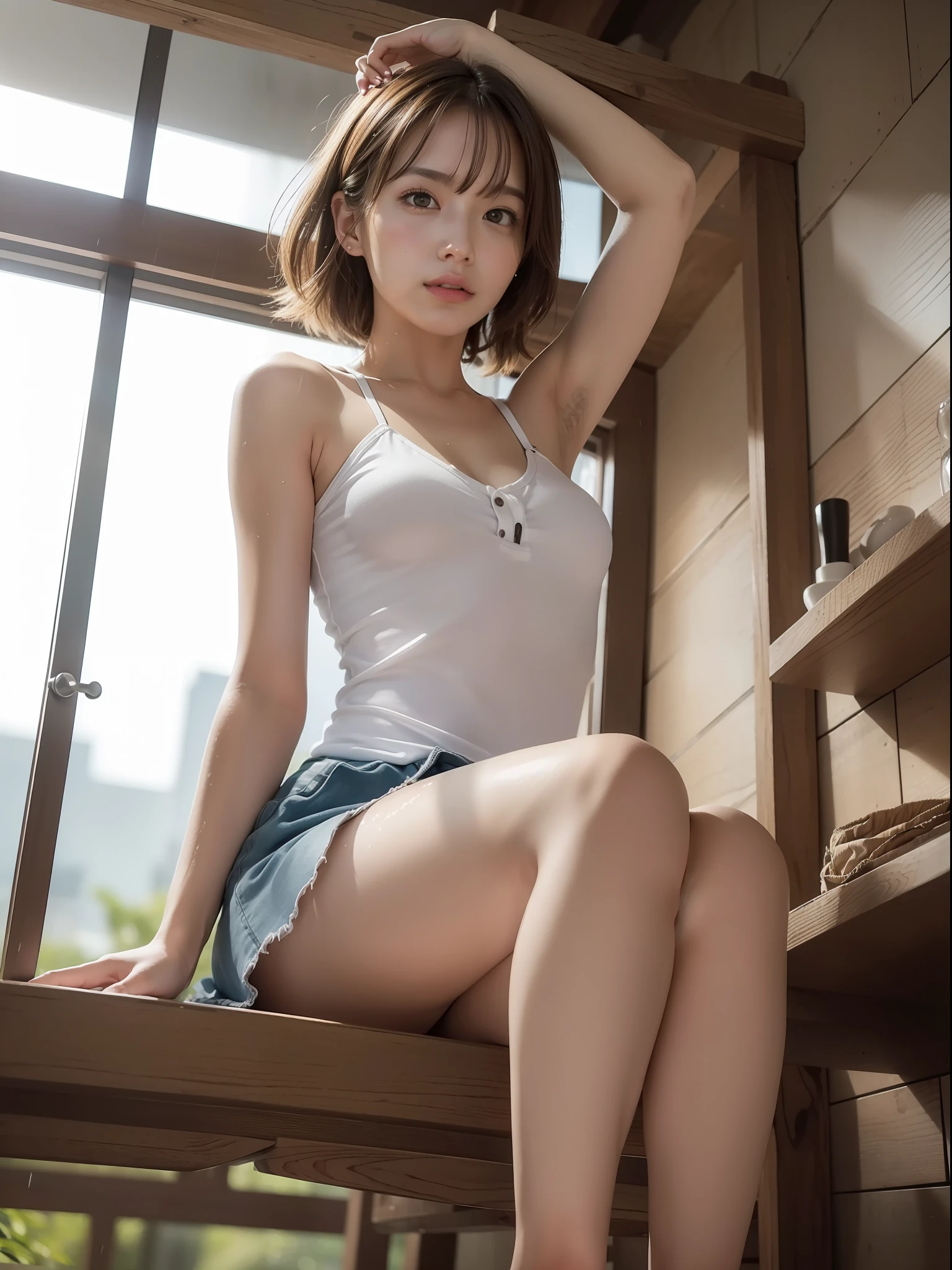 ((Best quality, 8k, Masterpiece: 1.3, raw photo)), Sharp focus: 1.2, (1 AESPA girl: 1.1), (realistic, photo-realistic:1.37), face focus, cute face, small breasts, flat chest, brunette short messy hair, sitting, arms up, wet white clothes, skirt, panties, cafe, rain, sunlight, cinematic lighting, from below