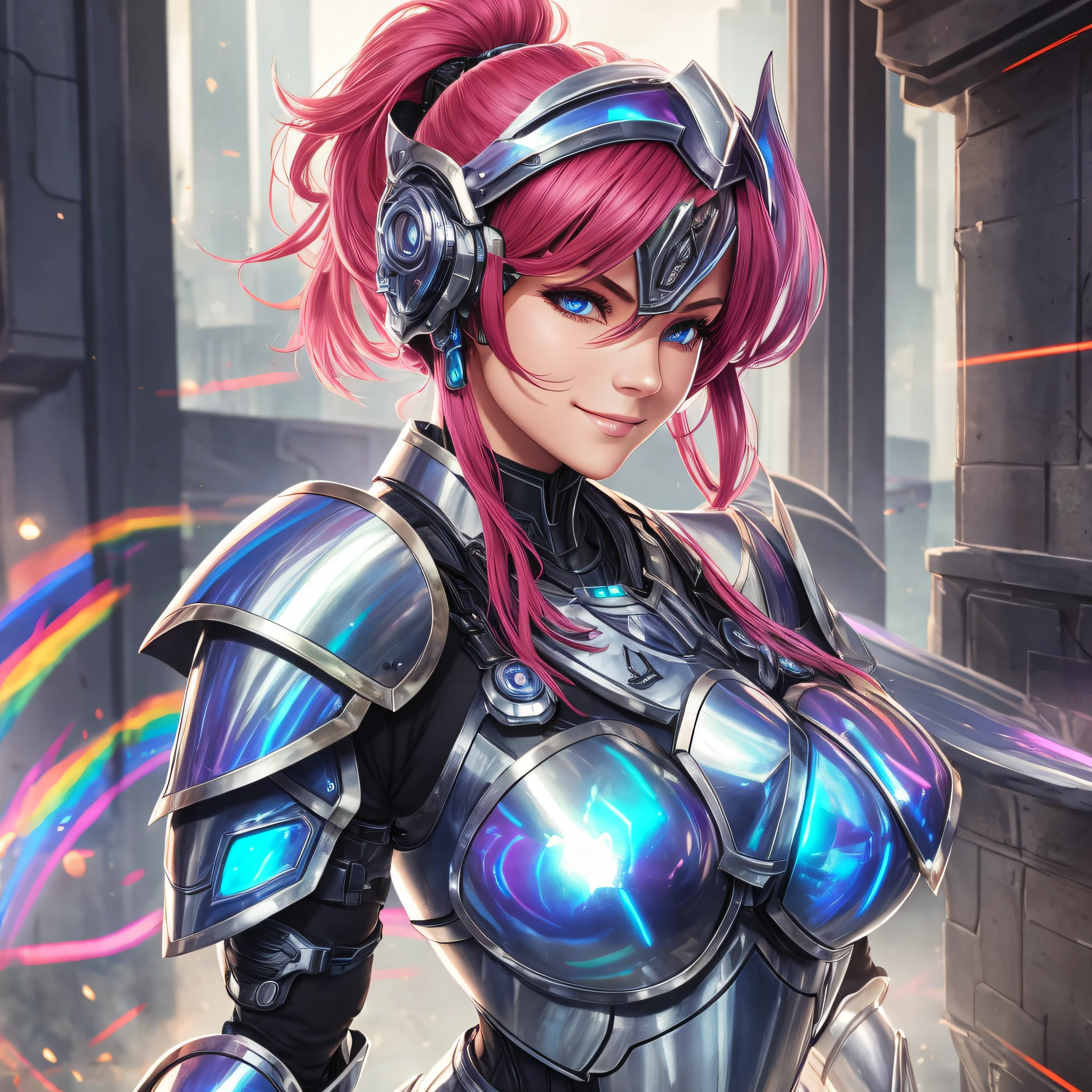 Huge, cleavage, one woman, iridescent skin, beautiful cyborg girl, knight girl, curvaceous iridescent armor, small hips, futuristic robot, mysterious Valkyrie, iridescent female knight, fantasy paladin woman, beautiful female knight, five fingers, headgear, red hair, ponytail, powerful pose, transparent goggles covering eyes, smile, rainbow-colored full-body armor --auto --s2