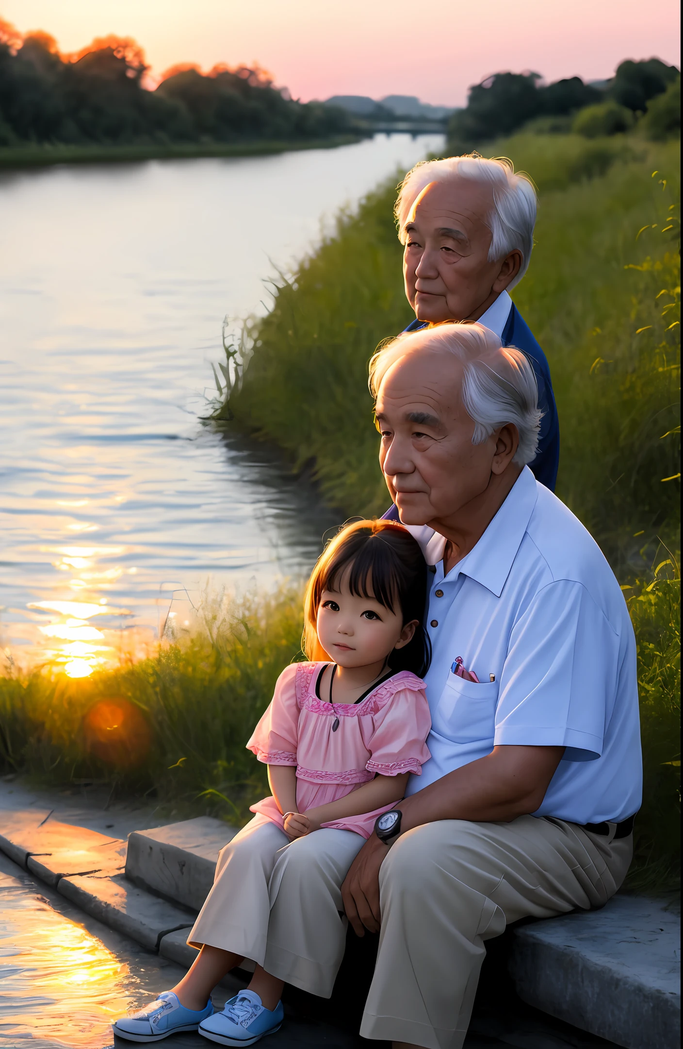 An adorable girl of about 4  and a kind-looking grandfather are watching the sunset on the riverbank.