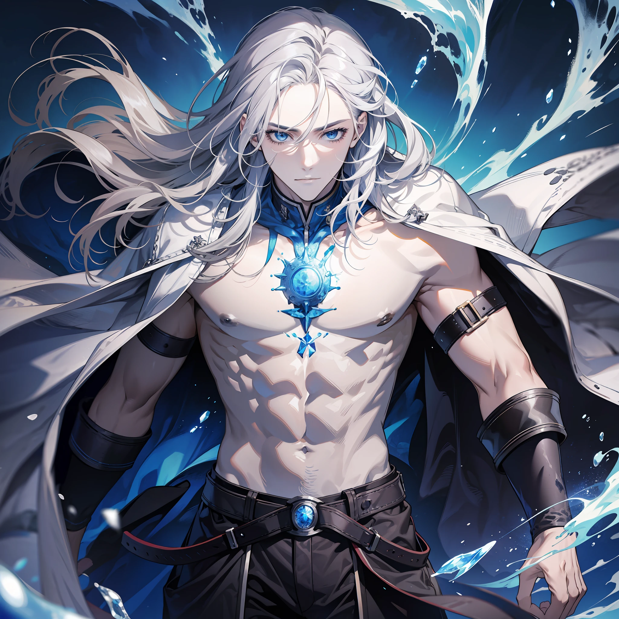 Men, handsome, long hair, gray hair, abs, blue eyes, marine elements, half-body, HD