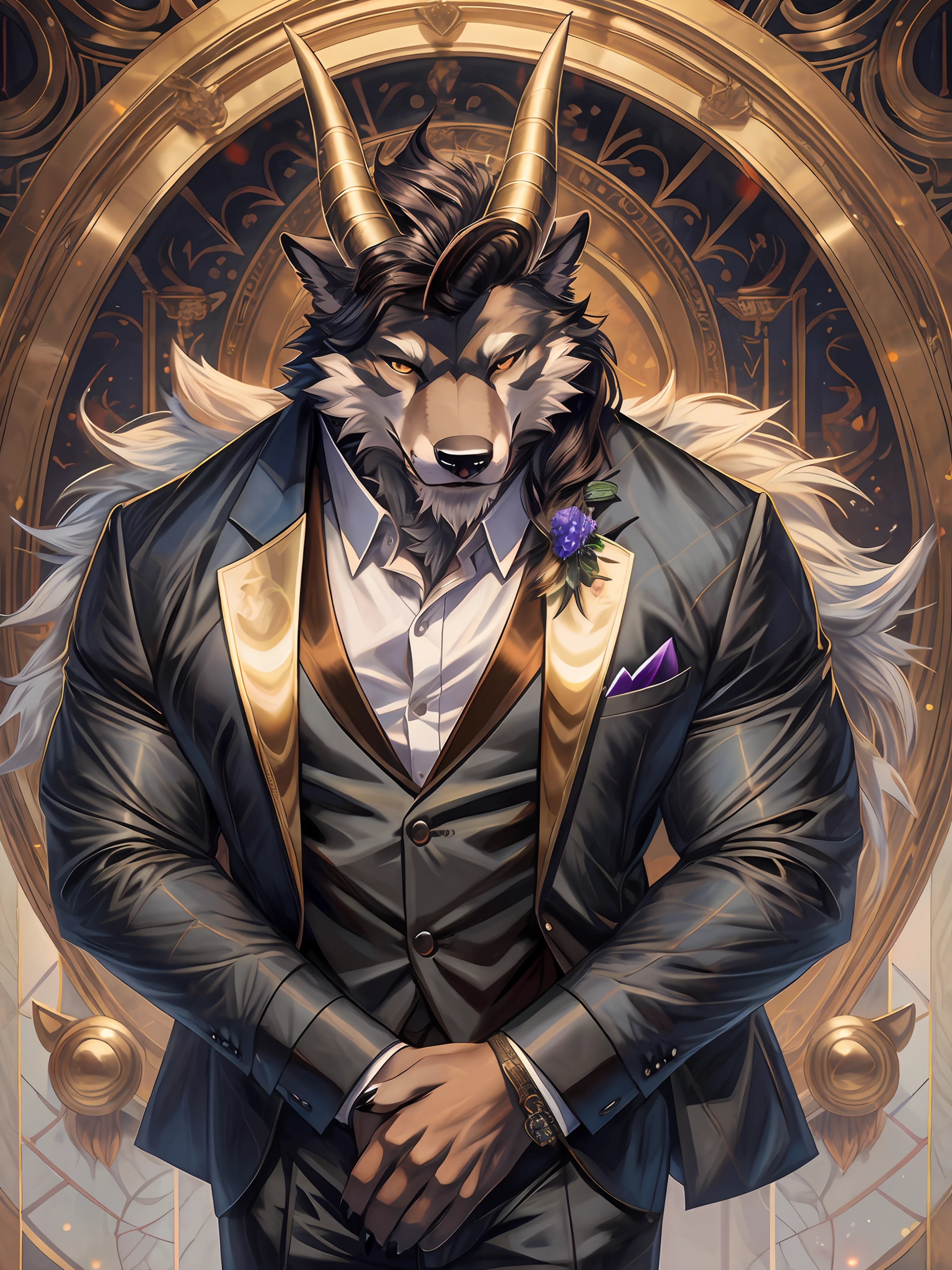 there is a man in a suit with horns on his head, masterpiece anthro portrait, furry character portrait, commission for high res, anthropomorphic furry art, anthropomorphic wolf male, epic and classy portrait, furry fantasy art, anthro art, a minotaur wolf, very very beautiful furry art, dapper dream demon, furry art