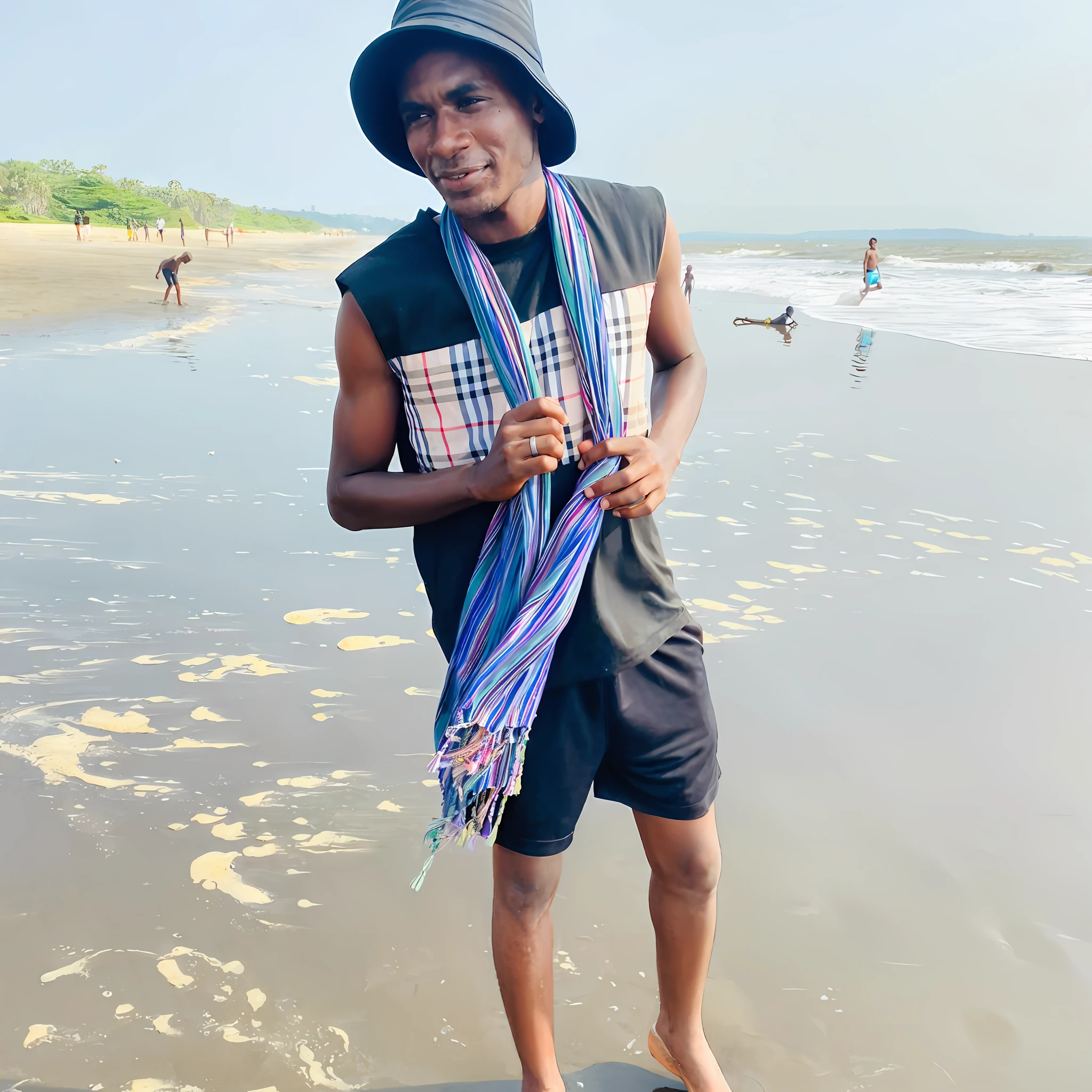 There is a man standing on a beach with a hat and scarf, on a beach, on the beach, on the beach, Riyahd Cassiem, standing on the beach, taken in early 2020, on a tropical beach, posing on a beach with the ocean, Astor Alexandre, wearing a fisherman 🧥, the ocean in the background, with two women, women