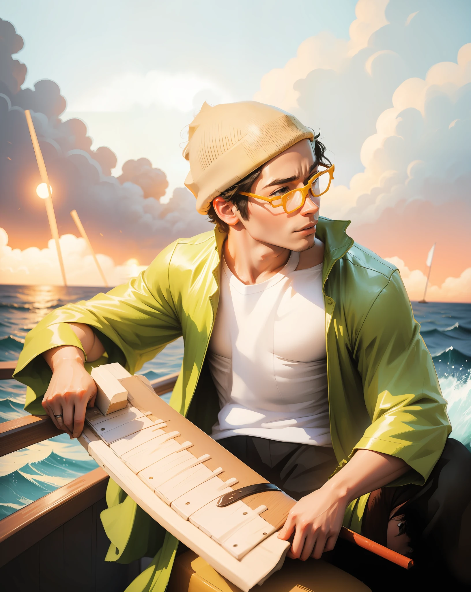 the atmosphere in the middle of the sea on a ship in the one piece anime series at night, creates a lively and warm lighting