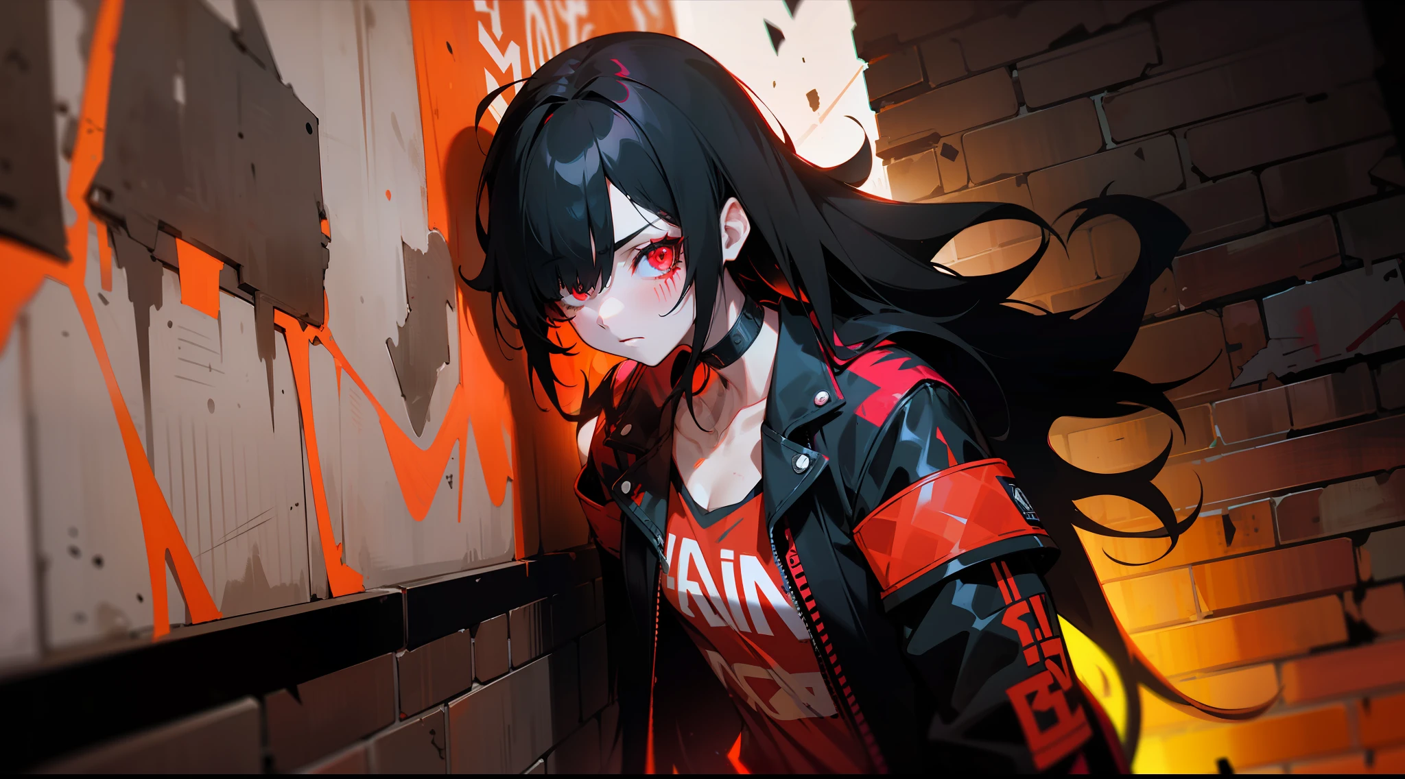 best quality, intricate details, chromatic aberration, 

1girl, long hair, black hair, messy hair, red highlights, hair over one eye, red eyes, sharp eyes, 

choker, neon shirt, torn legwear, open jacket, 

against wall, brick wall, graffiti, glowing grafiti, glowing tattoos, glow, neon lights, 


blacklight,