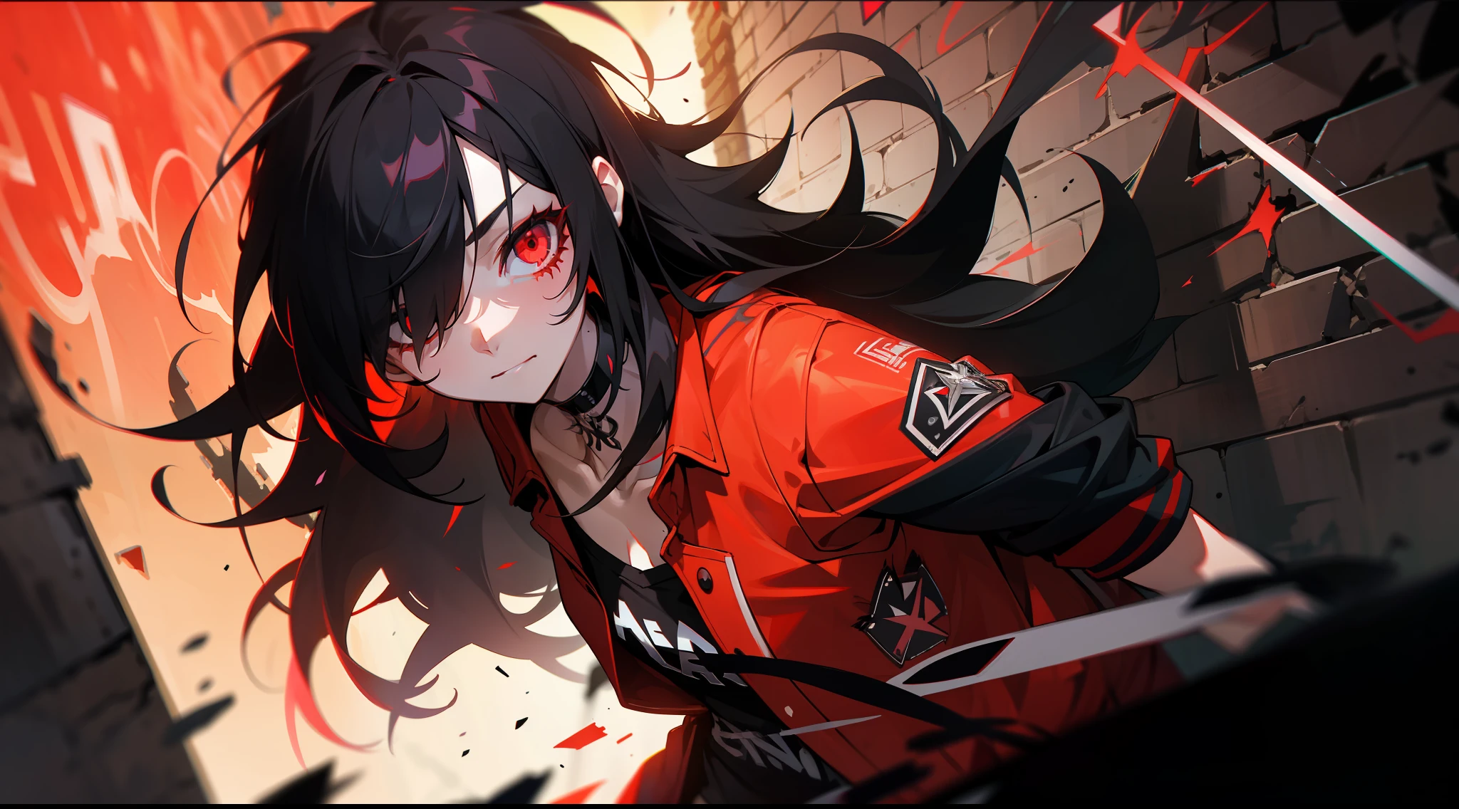best quality, intricate details, chromatic aberration,
1girl, long hair, black hair, messy hair, red highlights, hair over one eye, red eyes, sharp eyes,
choker, neon shirt, torn legwear, open jacket,
against wall, brick wall, graffiti, glowing grafiti, glowing tattoos, glow, neon lights,
blacklight,