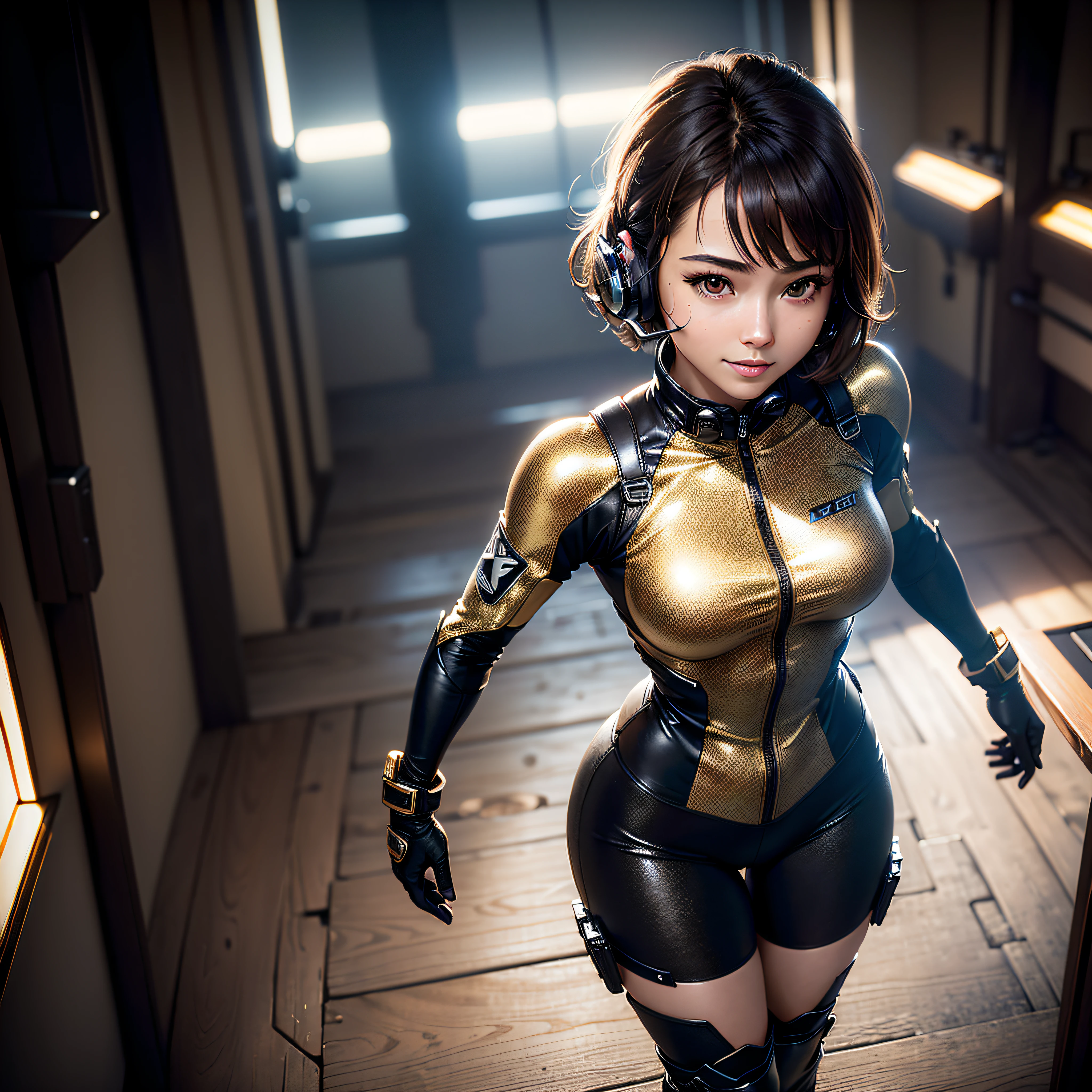 (Masterpiece, Best Quality, Best Resolution, distinct_image, Elaborate CG, Cinematic Lighting, Ray Tracing, Drop Shadows, Detail, (Photorealistic: 1.4), High Quality Textures, Fine-grained, Realistic Look): (Solo, Solo Girl, Japan Face, Brown-haired Girl, Short Hair, Small Breast Size, Glittering Black Eyes, Metallic black flight suit, tight fit wear, clothes that cover the whole body, light smile, beauty, slim body, heroine, headset, long boots, gloves)