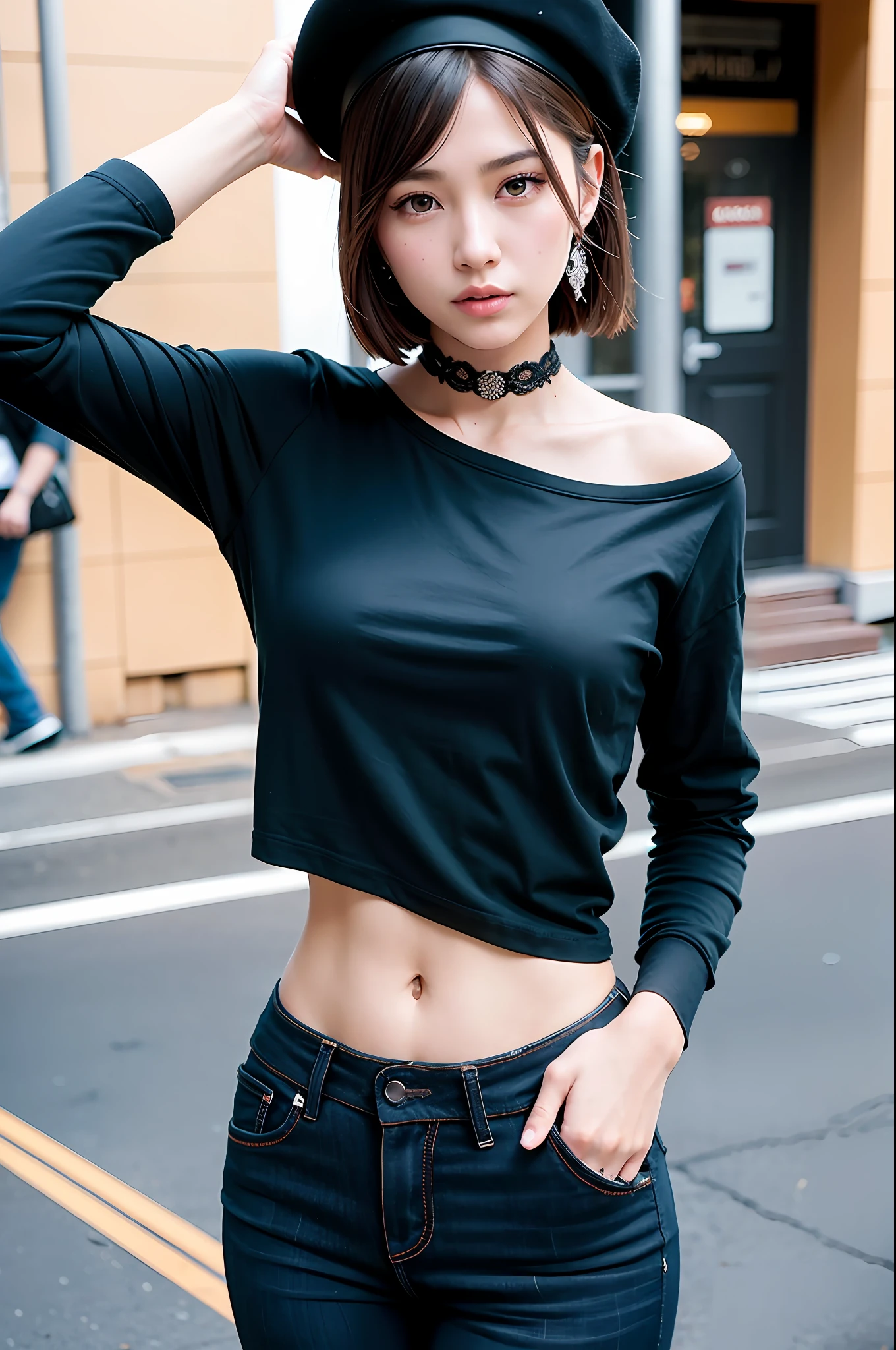 apinkhayoung, urban, streets, (day:1.1), RAW,(8k, best quality, masterpiece:1.2),(intricate details:1.4),(photorealistic:1.4),octane render, complex 3d render ultra detailed, studio soft light, rim light, vibrant details, ultra detailed, realistic skin texture, detailed face, beautiful detailed eyes, extremely detailed CG unity 8k wallpaper, makeup, (detailed background:1.2), (cowboy shot:1.2),(perfect anatomy:1.2),(wide hip:1.1),(black t-shirt, pants, choker, beret:1.2),