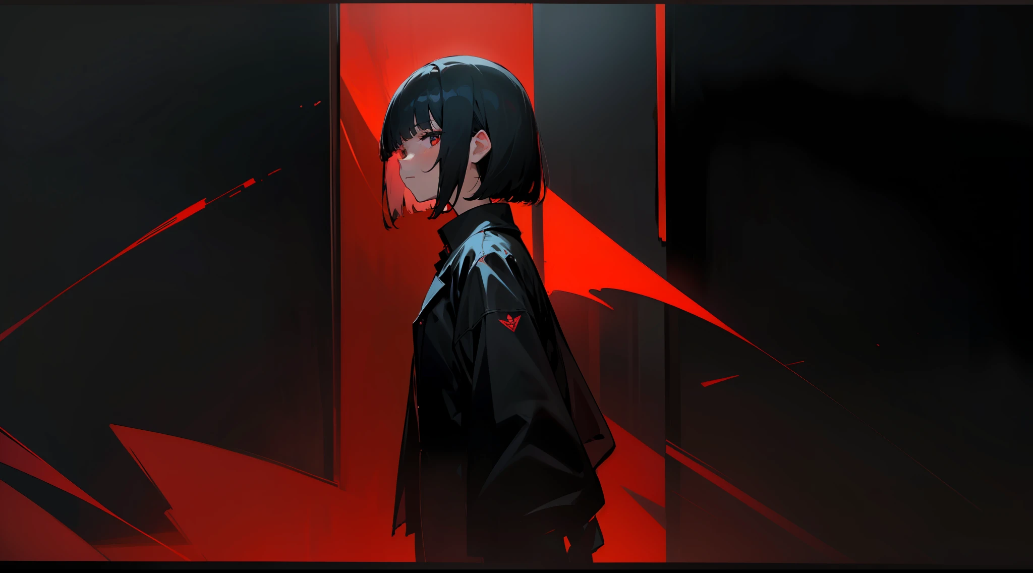 masterpiece, best quality, anime, waifu, (dark:1.3), 1girl, solo, cowboy shot, black jacket, (black hair), short hair, blunt bangs, black shirt, looking at viewer, long sleeves, closed mouth, (dark background:1.3), (black background:1.3), indoors, window, room, night, red theme,