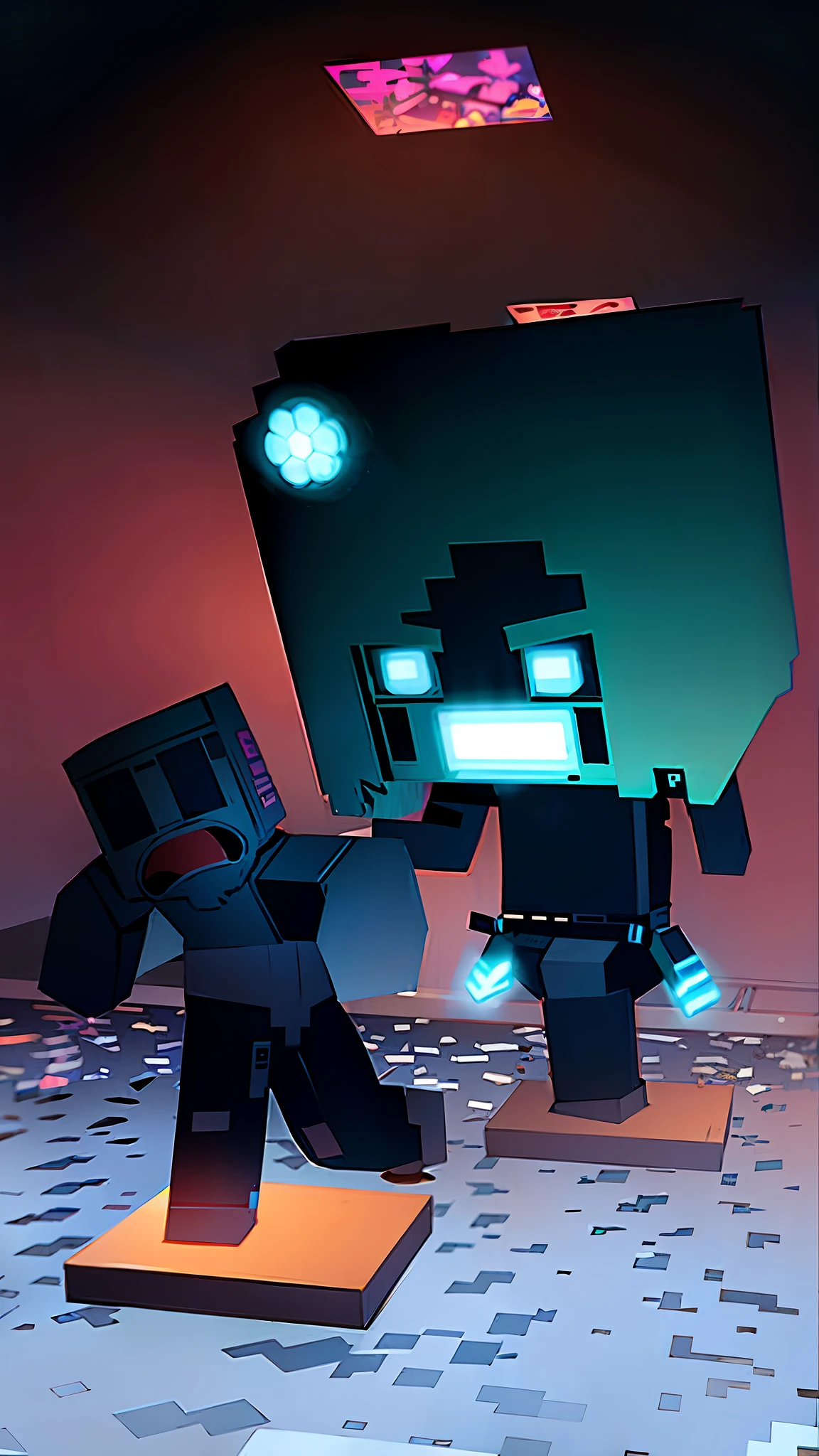 a man screaming with scary giant behind him in a cyberpunk hallway