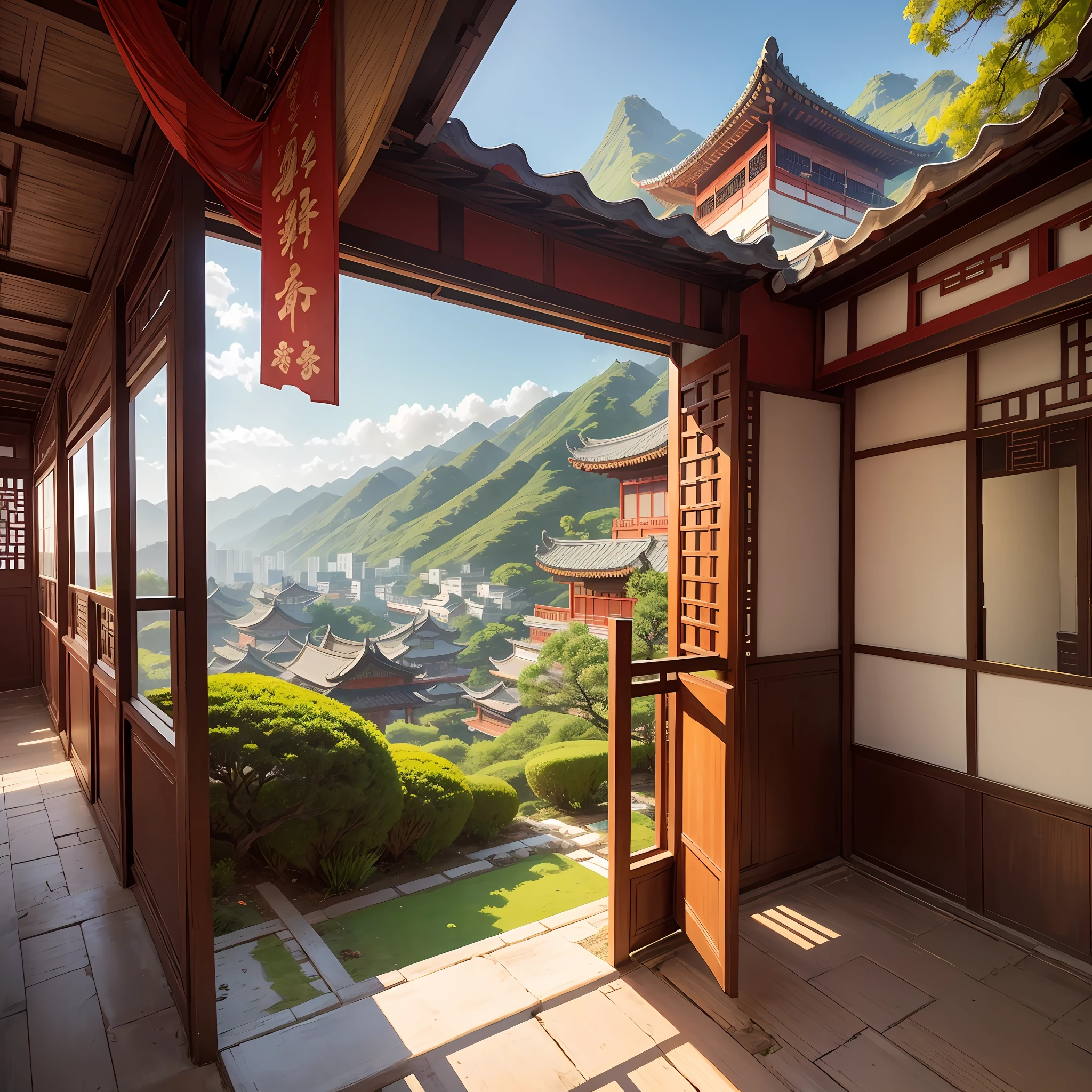 Print, Chinese garden, manga, colorful, frame, ancient china, with old house in Hong Kong and with leaves falling on clear and sunny day with mountains.