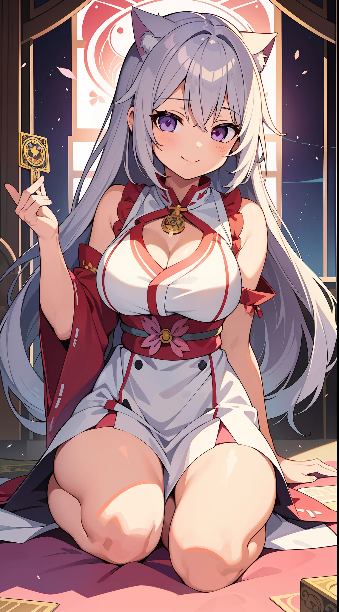 (Masterpiece), (Best Definition Anime Illustration), (Super Definition), One Girl, Solo, Beautiful Girl with Silver Hair, Anime , Cat Ear Loliiestess Loli, Miakama, Sleeveless, Smile, Cleavage Emphasis, Side Boob, Thighs, Tarot Card Style, Sakura