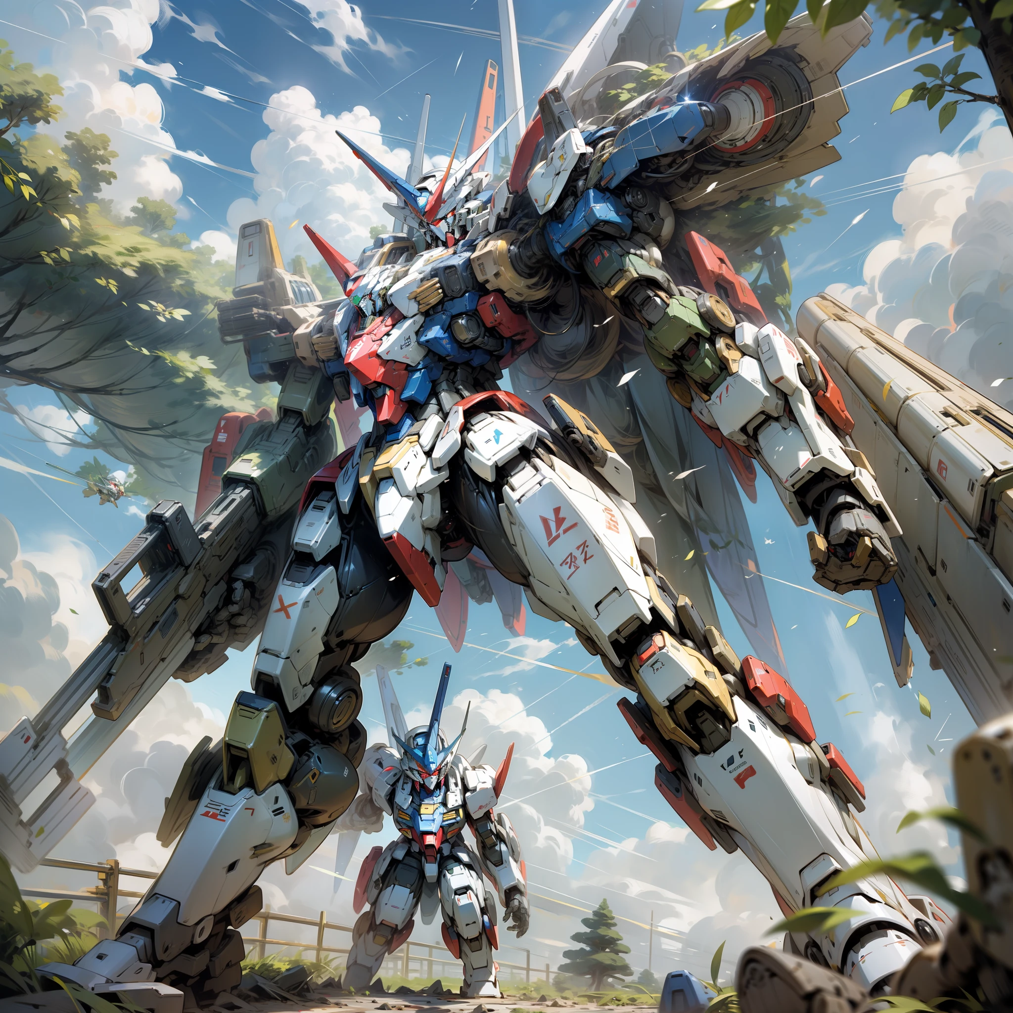 (Masterpiece), (Super Beautiful), Mobile Suit, Mech, Tricolor Color, Beam Rifle, Curve, Running Through Nature, Trees Overgrown, Speed, Light, Fighting Enemy Mobile Suit, Blue Sky, Clouds