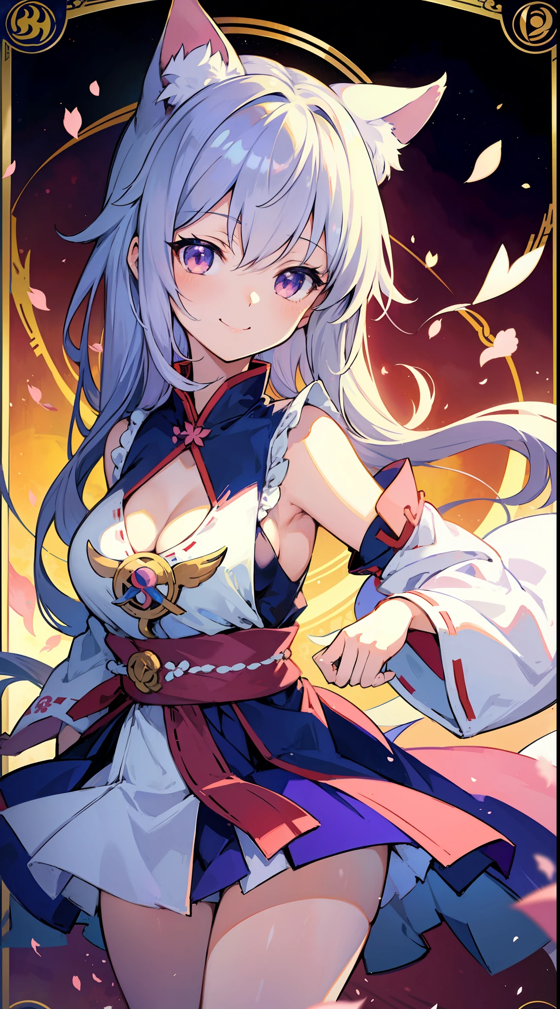 (Masterpiece), (Best Definition Anime Illustration), (Super Definition), One Girl, Solo, Beautiful Girl with Silver Hair, Anime Loli, Cat Ear Loli, Priestess Loli, Miko Hakama, Sleeveless, Smile, Cleavage Emphasis, Side Boob, Thighs, Tarot Card Style, Sakura