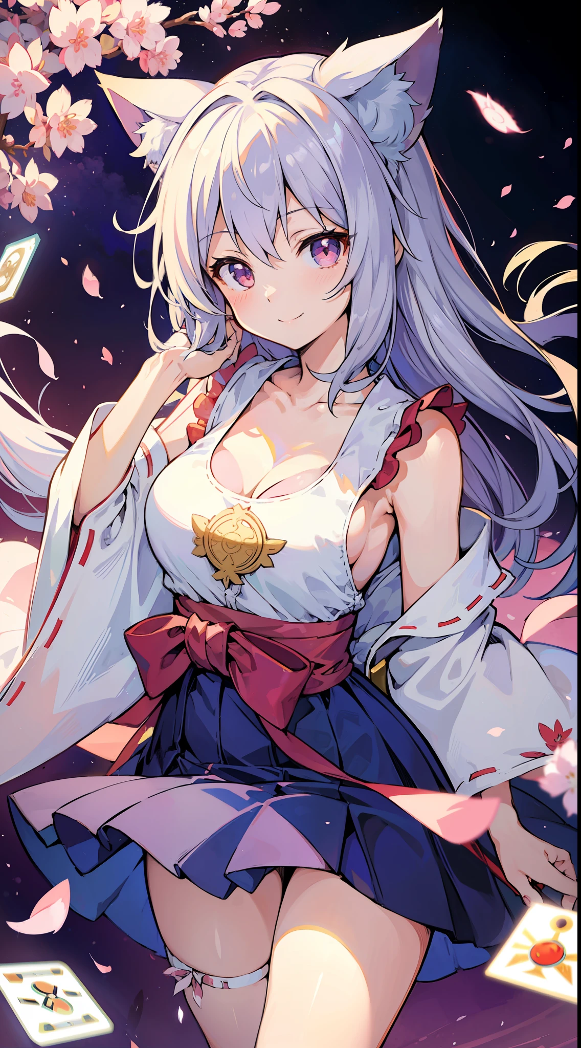(Masterpiece), (Best Definition Anime Illustration), (Super Definition), One Girl, Solo, Beautiful Girl with Silver Hair, Anime , Cat Ear Loliiestess Loli, Miakama, Sleeveless, Smile, Cleavage Emphasis, Side Boob, Thighs, Tarot Card Style, Sakura