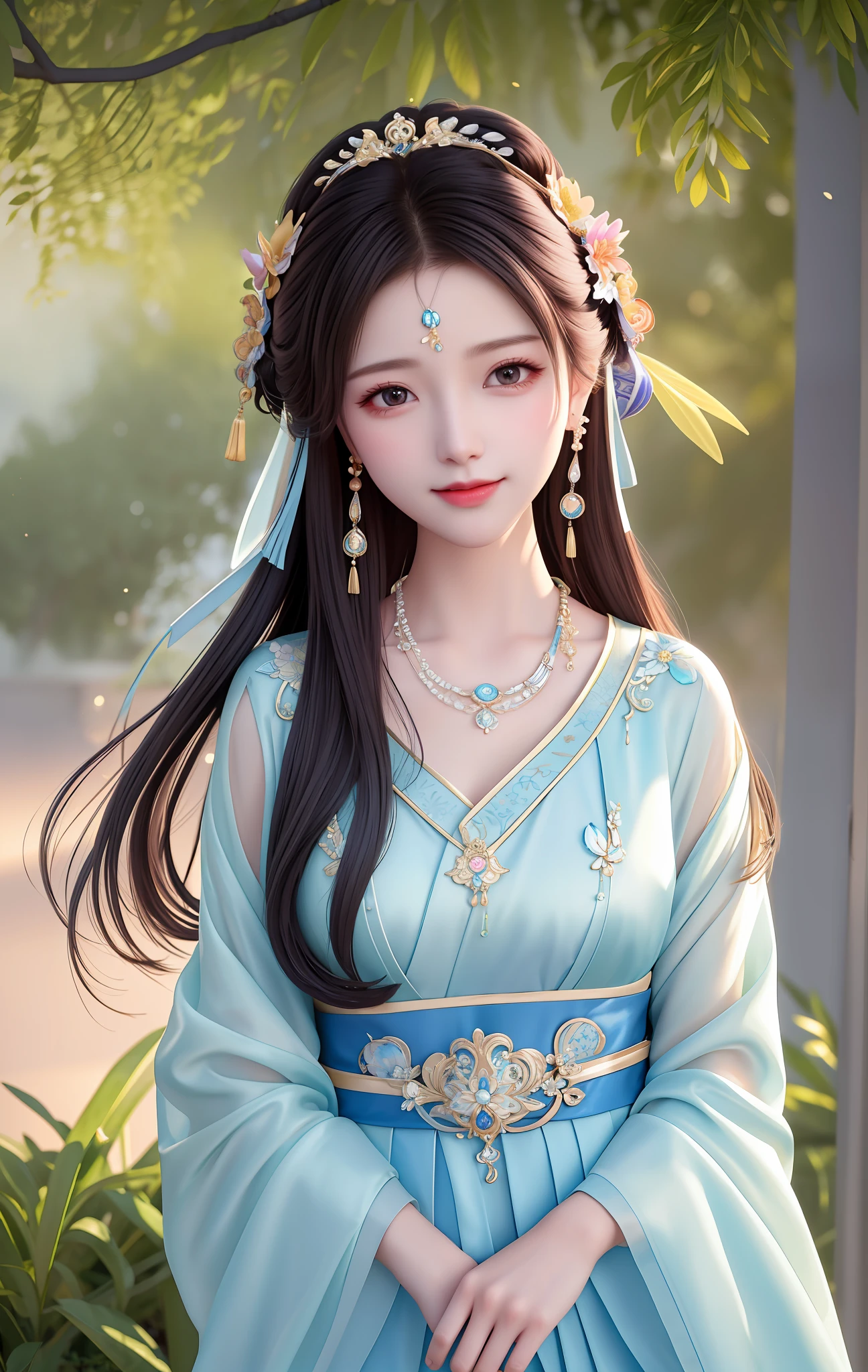 Best quality, masterpiece, high resolution, 1girl, transparent silk porcelain dress, hair accessories, looking at the audience, smiling, closing your mouth, lips, dress, hair accessories, necklaces, jewelry, hanfu, long hair, earrings, beautiful face, on _body, tyndall effect, realism, edge lighting, two-tone lighting, (high detail skin: 1.2), 8k uhd, DSLR, soft light, high quality, volumetric lighting, sneak peek, photo, high resolution, 4k, 8k, background bokeh, In the garden, in the morning