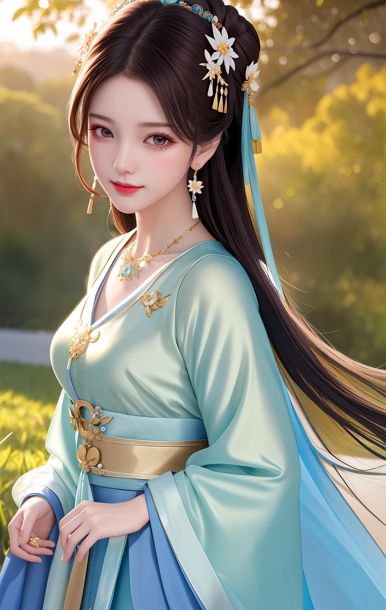 Best quality, masterpiece, high resolution, 1girl, transparent silk porcelain dress, hair accessories, looking at the audience, smiling, closing your mouth, lips, dress, hair accessories, necklaces, jewelry, hanfu, long hair, earrings, beautiful face, on _body, tyndall effect, realism, edge lighting, two-tone lighting, (high detail skin: 1.2), 8k uhd, DSLR, soft light, high quality, volumetric lighting, sneak peek, photo, high resolution, 4k, 8k, background bokeh, In the garden, in the morning