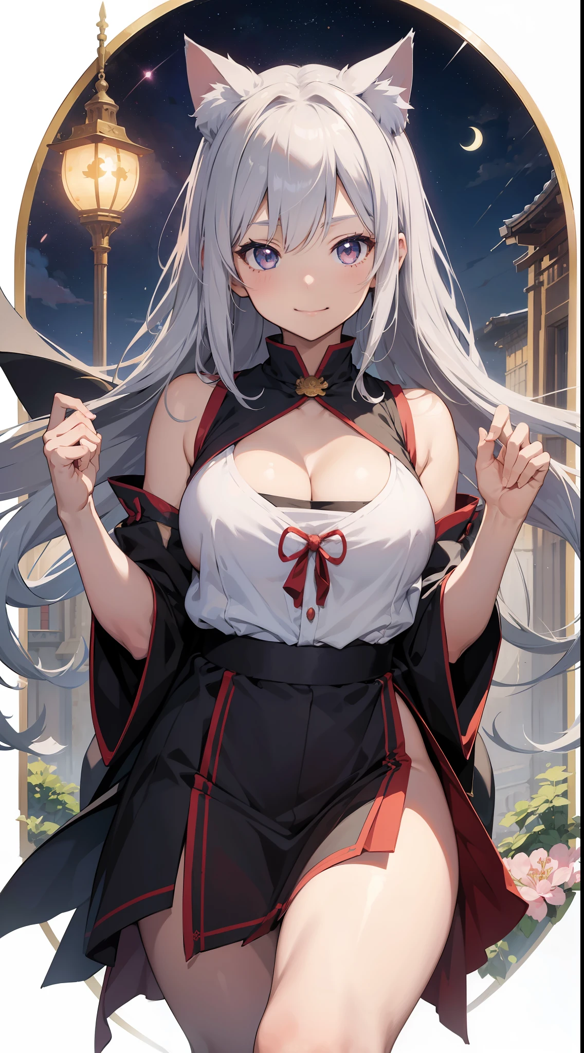 (Masterpiece), (Best Definition Anime Illustration), (Super Definition), One Girl, Solo, Beautiful Girl with Silver Hair, Anime Loli, Cat Ear Loli, Priestess Loli, Miko Hakama, Sleeveless, Smile, Cleavage Emphasis, Side Boob, Thighs, Tarot Card Style, Sakura