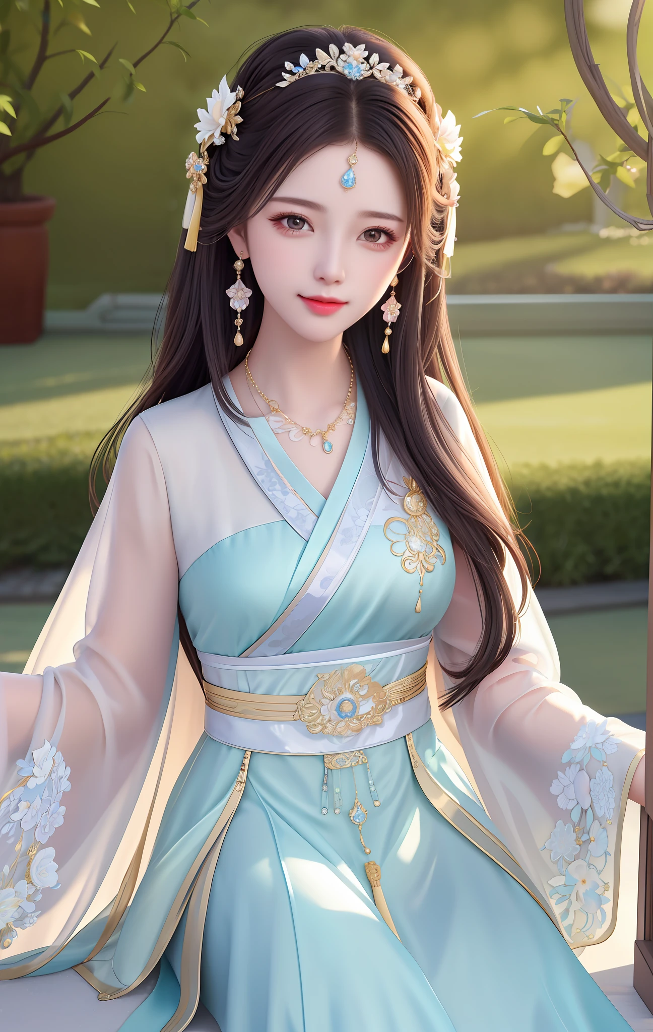 Best quality, masterpiece, high resolution, 1girl, transparent silk porcelain dress, hair accessories, looking at the audience, smiling, closing your mouth, lips, dress, hair accessories, necklaces, jewelry, hanfu, long hair, earrings, beautiful face, on _body, tyndall effect, realism, edge lighting, two-tone lighting, (high detail skin: 1.2), 8k uhd, DSLR, soft light, high quality, volumetric lighting, sneak peek, photo, high resolution, 4k, 8k, background bokeh, In the garden, in the morning