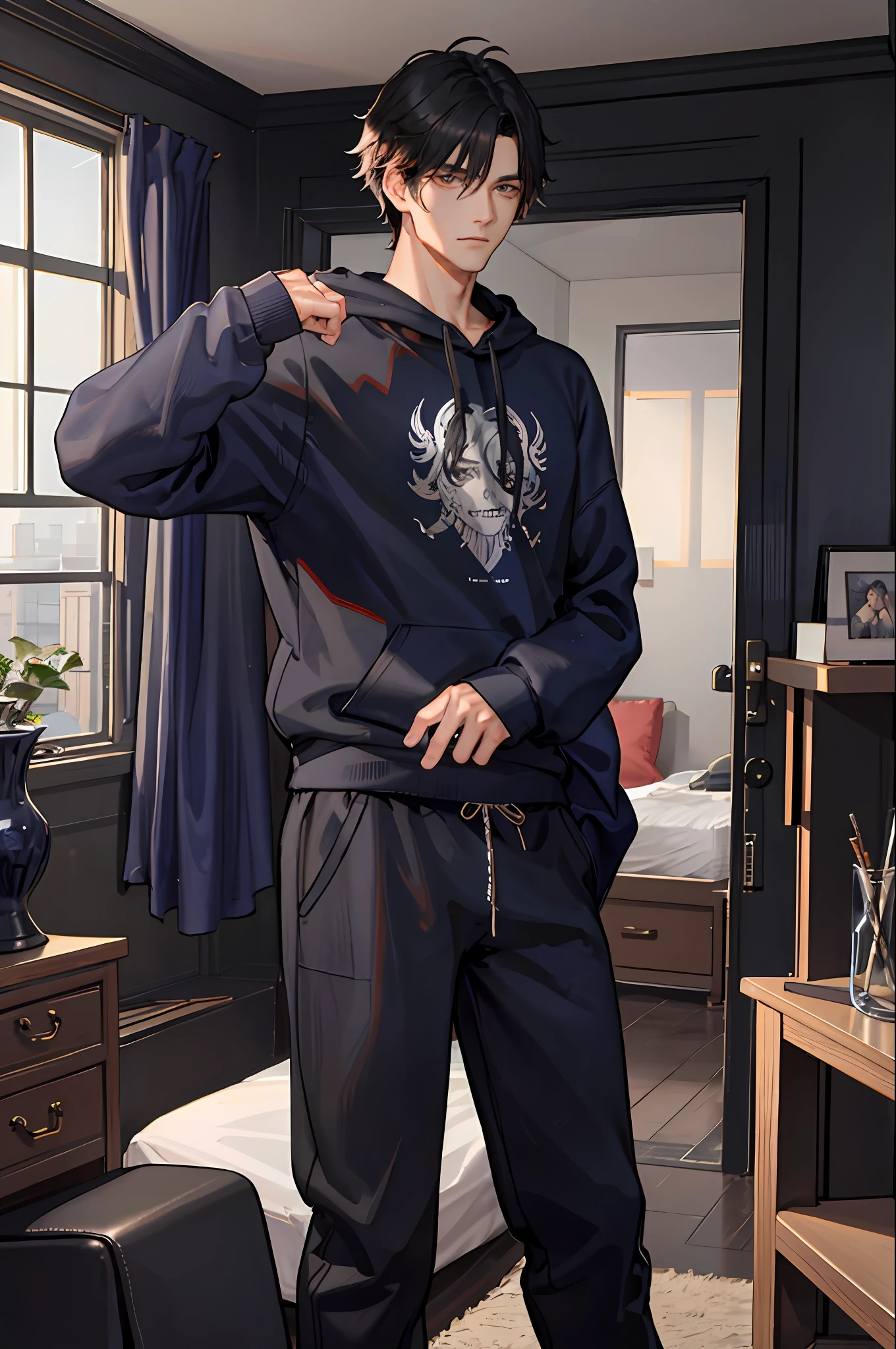 1boy, [detailed background (bedroom, living room)], black hair, jet black hair, short black hair, korean hairstyle, messy hairstyle, lean and muscular male, alpha male, masculine male, tall male ((man wears an indigo blue loose sweatshirt, gray sweatpants)), playing on phone, correct limbs, correct anatomy, handsome, Eye details, beautiful eyes, delicate eyes, brown eyes, broad chest, broad shoulders, tiny waist, long legs, serious face