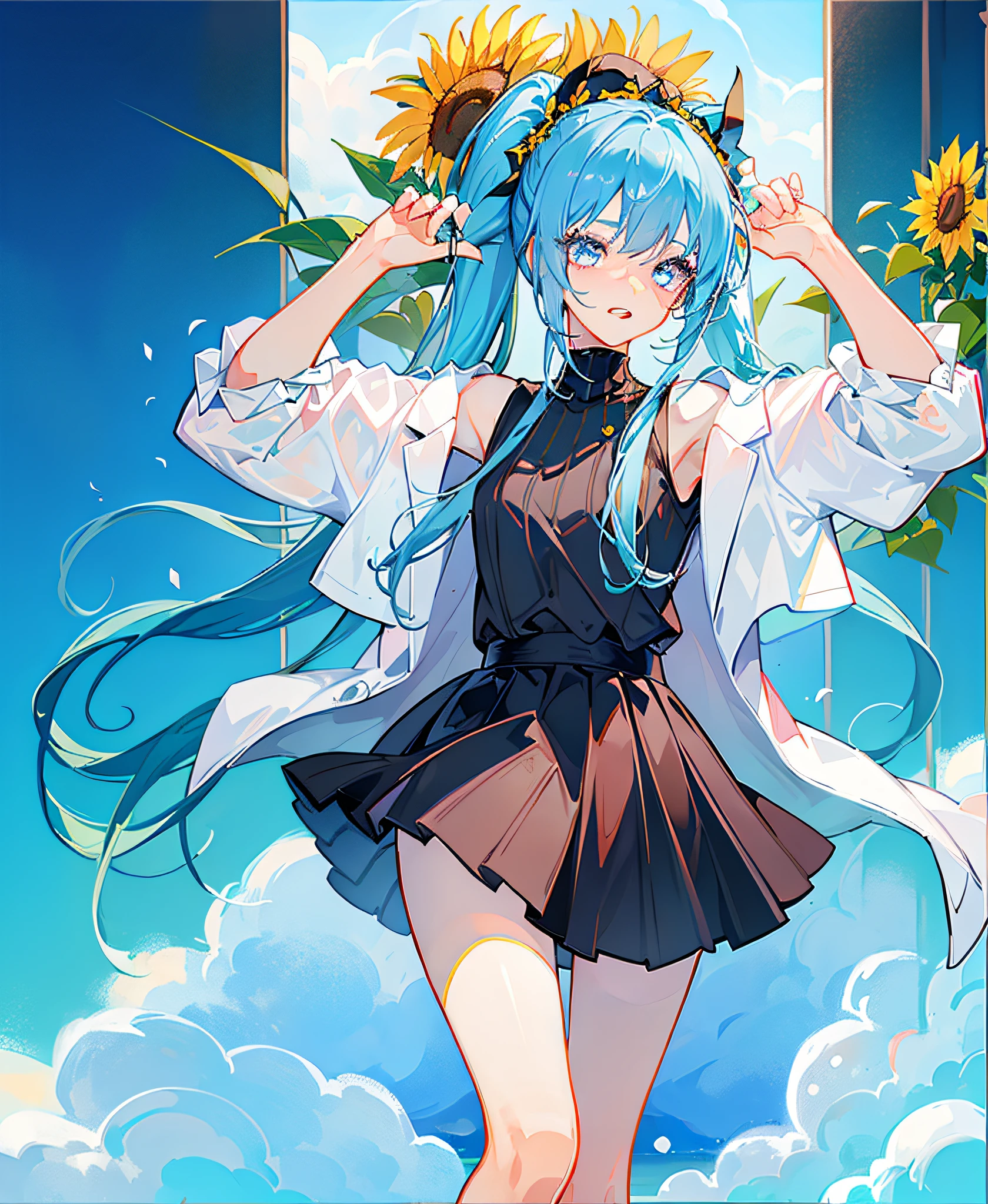 Masterpiece, best quality, light blue hair, double ponytail, bangs, looking at the audience, 1girl, black sweater, blue eyes, sea of sunflower flowers, short skirt, hands behind the back