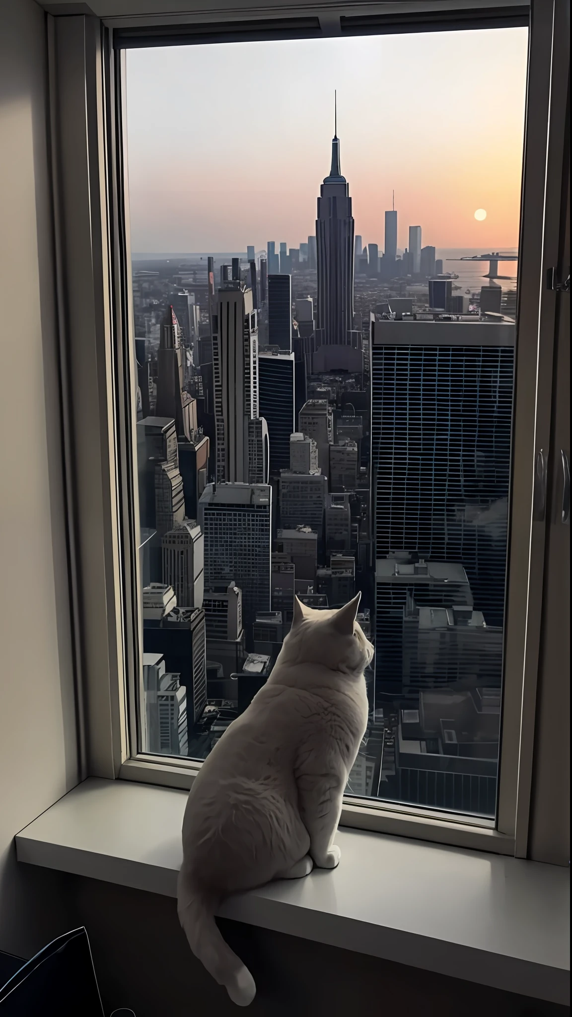 A slightly chubby cute fluffy light orange cat, sitting on the windowsill, sad mood, the room is very luxurious, the room is very dim, the cat looks at the night view outside the large glass window, night shot, outside the window is the city building, it is very dark, cool time. Good view, Leica 8K stills from A24 film, looking out, movie shooting, looking at the city, movie view!!