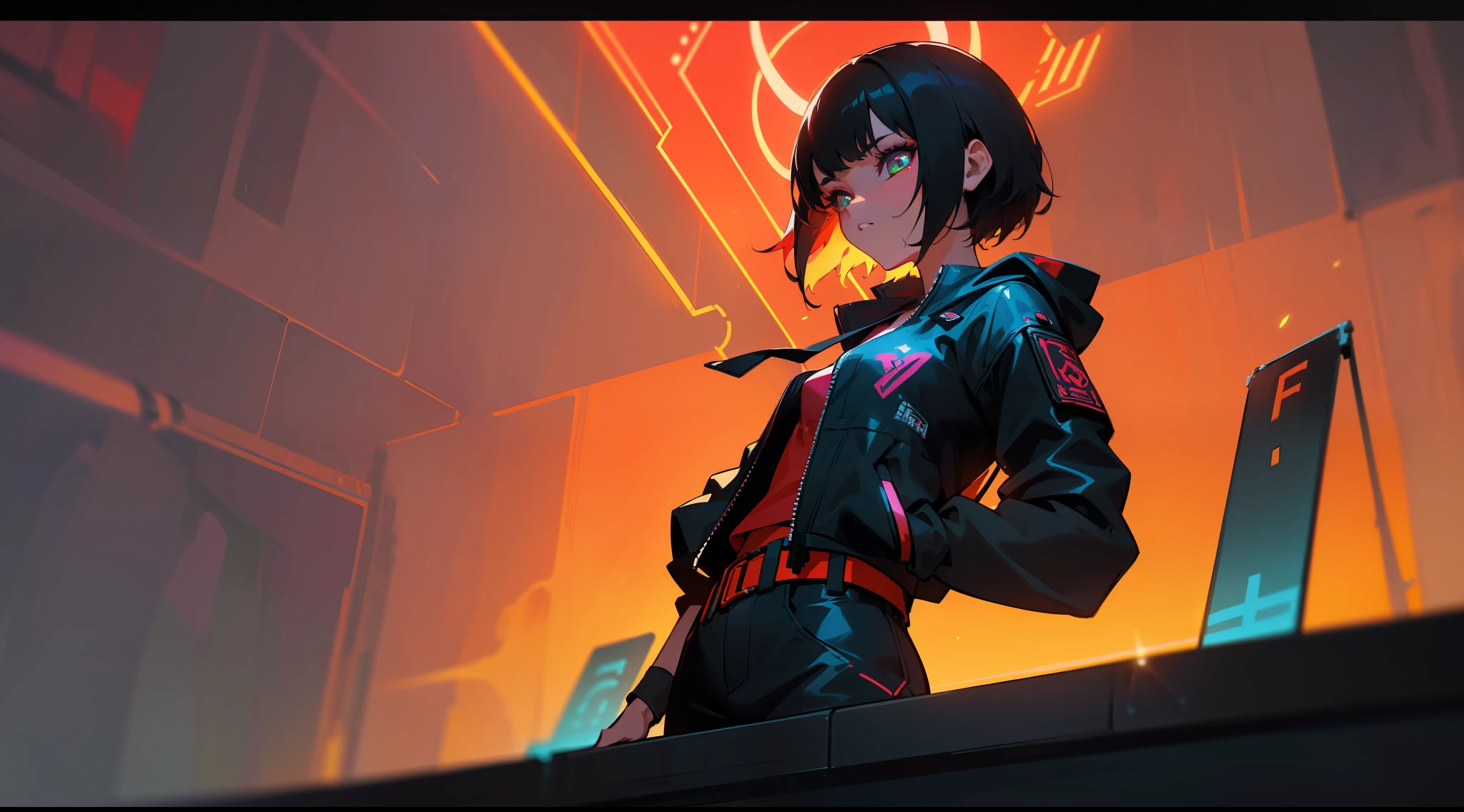 (Masterpiece:1.2), best quality, (illustration:1.2), enticing,(Masterfully crafted Glow, lens flare), (ultra-detailed), hyper details, (delicate detailed), (intricate details), (cinematic light, best quality Backlights), clear line, solo female, solo female, perfect body, (1girl), bioluminescent hair, glowing eyes, slightly close eyes, Red Light District Amsterdam, (Dynamic:1.2), ((makeup)), high contrast, (best illumination, an extremely delicate and beautiful), ((cinematic light)), colourful, powerful, (Cinematic masterpiece), photoshoot, cyberpunk 2077, graffiti, splashes of colour, absolutely eye-catching, ((colourful paint splashes on  background, dulux,)), ((caustic)), dynamic angle, beautiful detailed neon lights, (Captivating),(Intricately Detailed Cinematic redlight district:1.2), short shorts, shorts, open jacket, belt, cropped hoodie , ambient occlusion, ambient light, ray-traced reflections, intricately detailed pleasure district, subsurface scattering,  red neon street signs, (asymmetric haircut), short hair, (night-time), red digital billboards,  seductive, film grain, visible androids for sale,