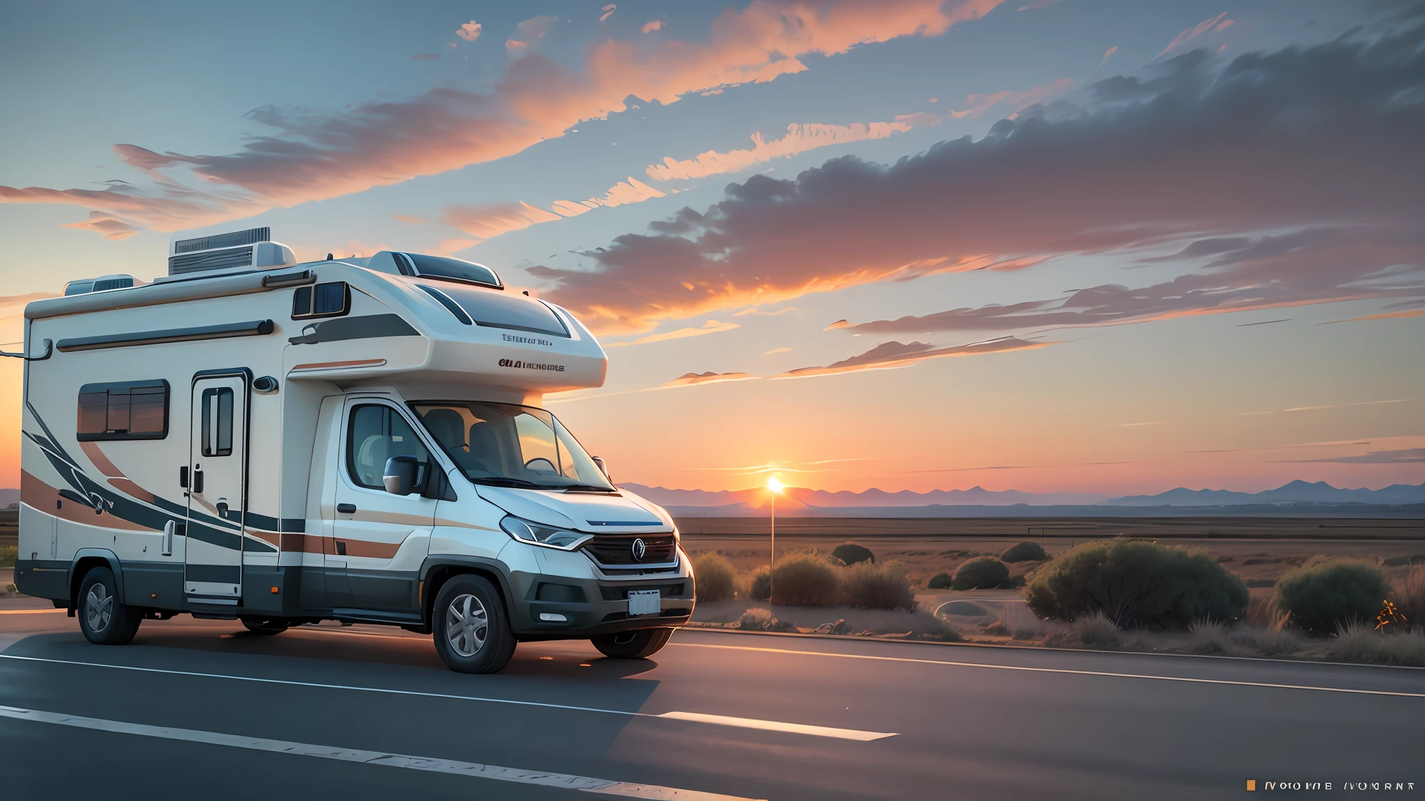 A MOTORHOME ON A ROAD, WITH TREES ON BOTH SIDES OF THE ROAD, WITH SUNSETS IN THE BACKGROUND --auto --s2