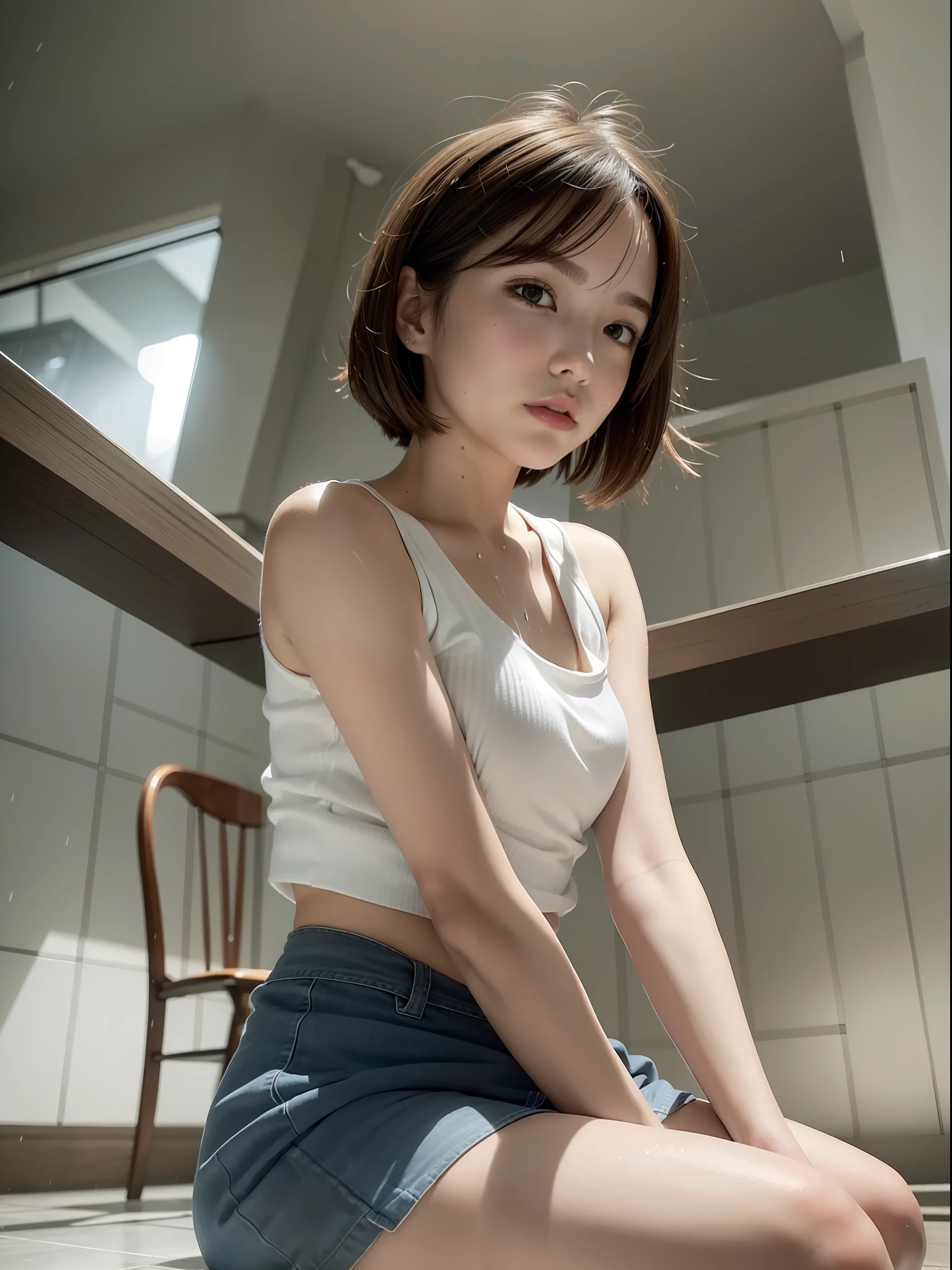 ((Best quality, 8k, Masterpiece: 1.3, raw photo)), Sharp focus: 1.2, (1 AESPA girl: 1.1), (realistic, photo-realistic:1.37), face focus, cute face, small breasts, flat chest, brunette short messy hair, sitting chair, arms up, wet white clothes, skirt, panties, cafe, rain, sunlight, cinematic lighting, from below