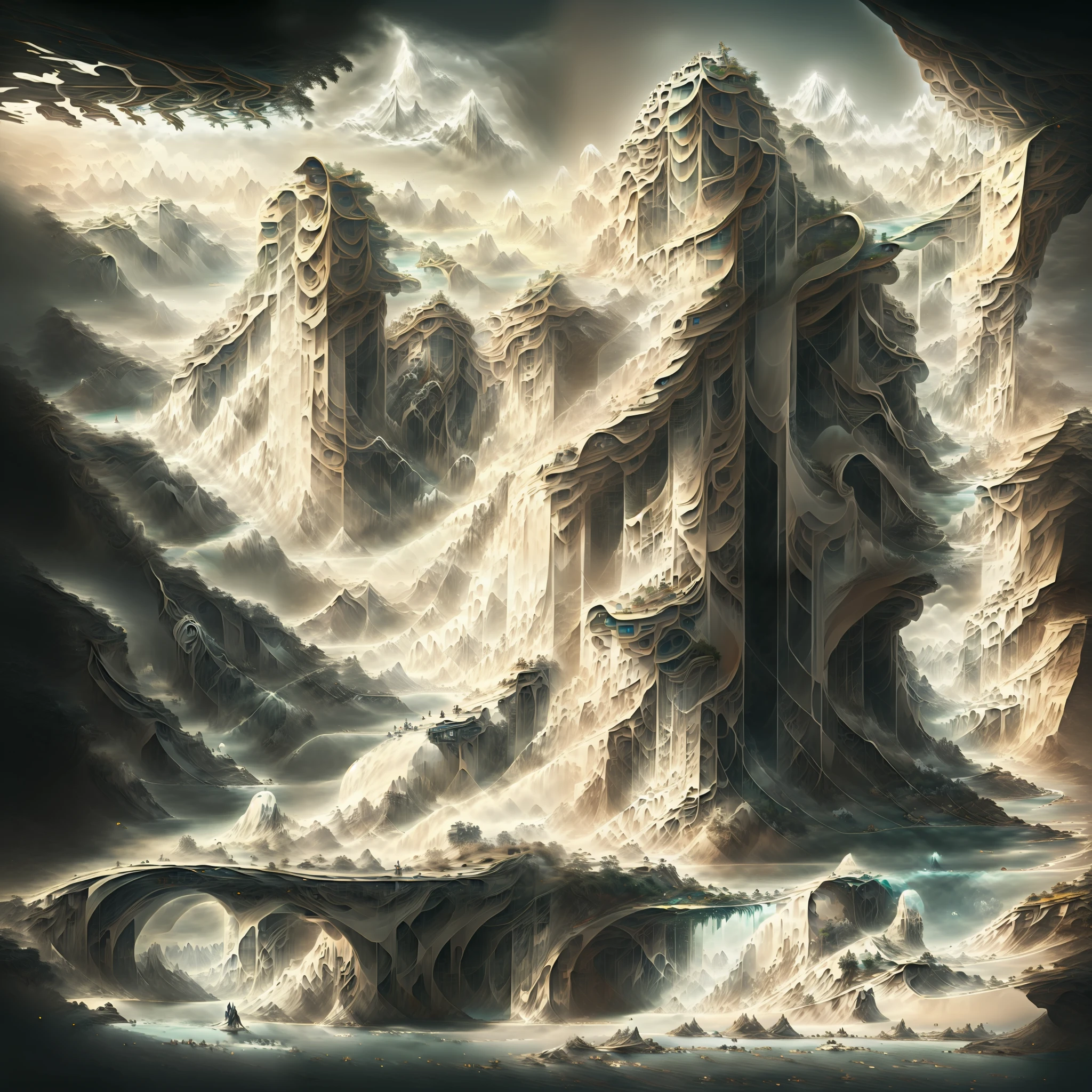 there is a digital painting of a mountain with a waterfall, symmetrical epic fantasy art, organic matte painting, most epic landscape, matte digital painting, illustration matte painting, surreal concept art, matte painting ”, matte painting”, dramatic concept art, epic fantasy digital art style, floating mountains, detailed fantasy digital art, dreamlike digital painting, fractal landscape, alien waterfall