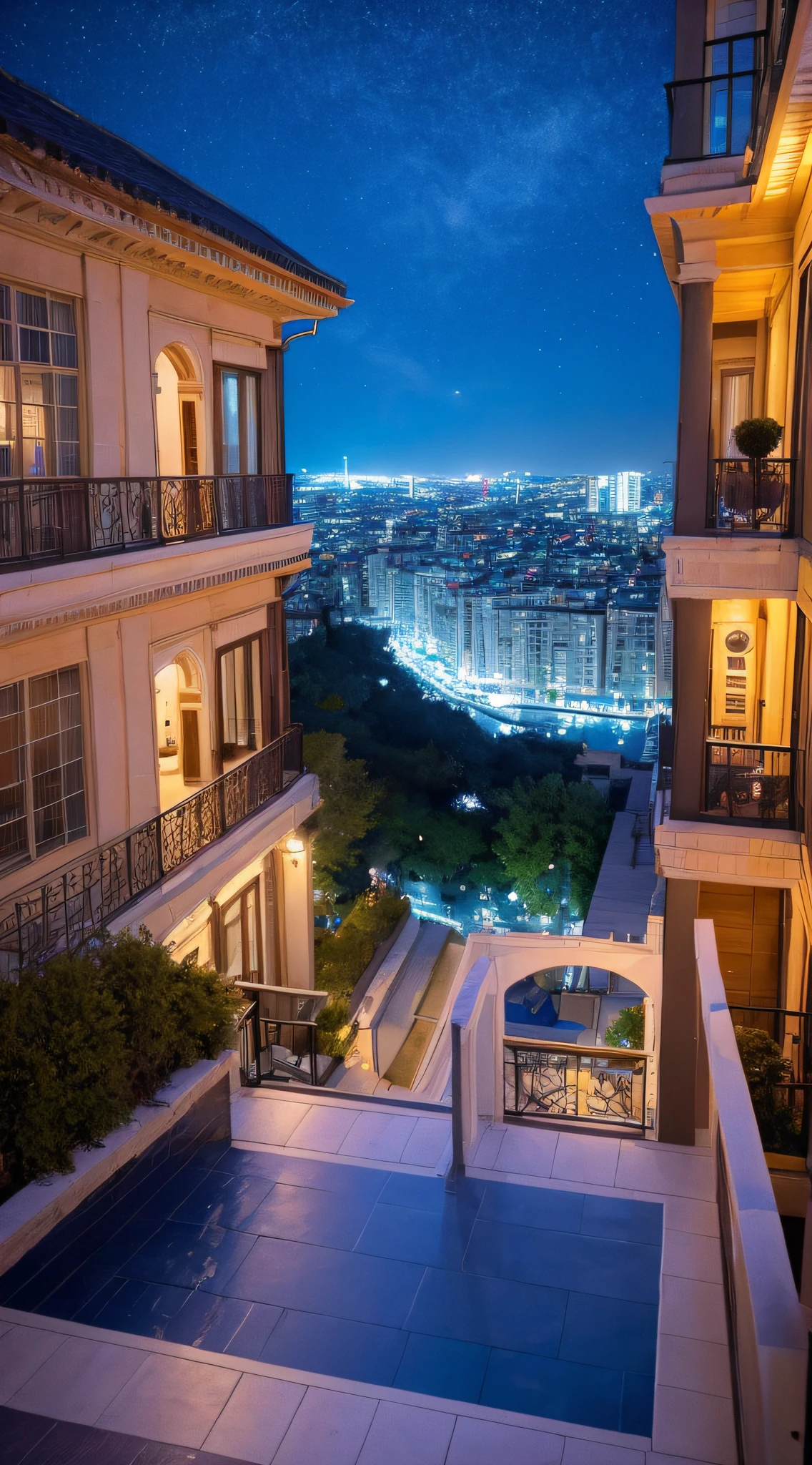((Top quality, 8k, masterpiece: 1.3)) Night, City, Blue, Photography, Balcony