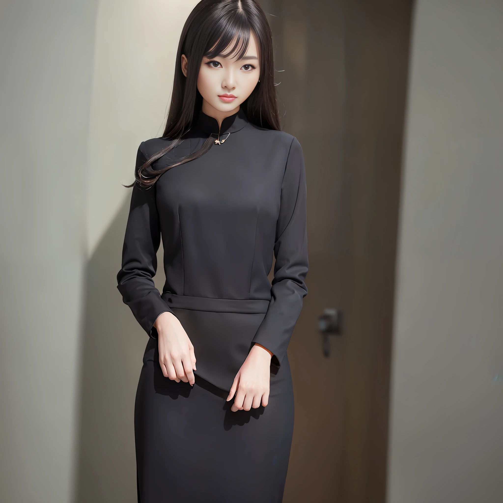 (Best quality, 8k, 32k, masterpiece, UHD: 1.2), photo of beautiful Chinese woman, (detailed face: 1.1), simple black suit, looking at the audience, upper body, necklace, dress shirt, smile, skirt, full body photo: 2, slim figure, long legs