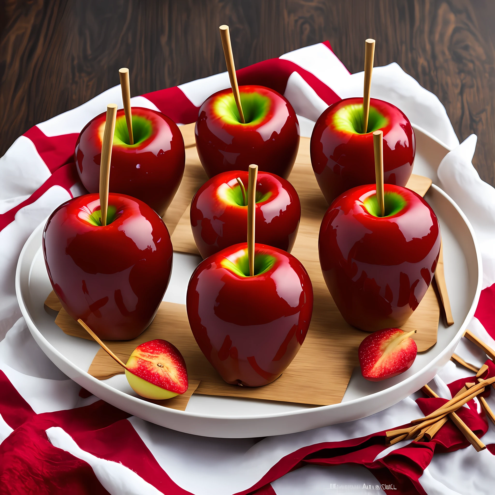 Eight red caramel apples on sticks, with a shiny and crispy layer of caramel coating each one. The apples are arranged on a white tray, showcasing their vibrant red shine against the contrast of the light background. Small heart-shaped decorations are delicately placed on the caramel, adding a lovely touch to the dessert. The wooden stick on each apple provides a convenient and fun way to enjoy this delicious treat. --auto --s2