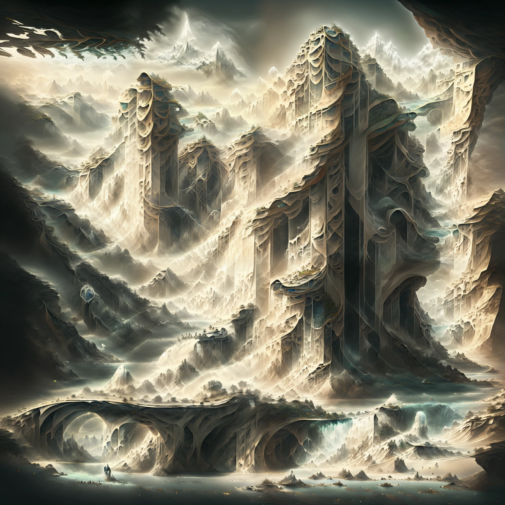 there is a digital painting of a mountain with a waterfall, symmetrical epic fantasy art, organic matte painting, most epic landscape, matte digital painting, illustration matte painting, surreal concept art, matte painting ”, matte painting”, dramatic concept art, epic fantasy digital art style, floating mountains, detailed fantasy digital art, dreamlike digital painting, fractal landscape, alien waterfall