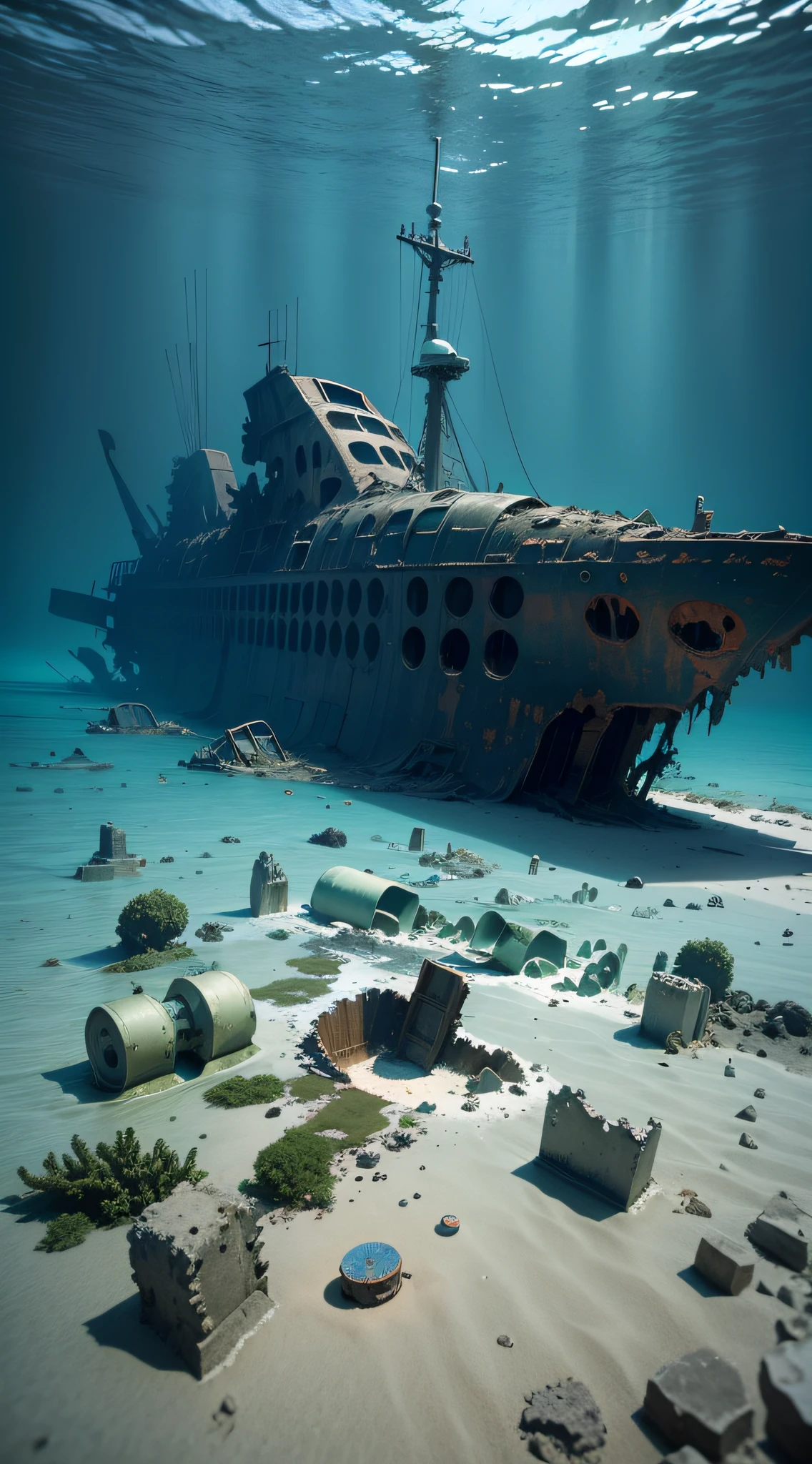 There is an airplane wreck in the seabed, underwater photo, underwater submerged, underwater sinking, underwater landscape, underwater photography, underwater landscape, underwater photo, underwater, shipwreck, shabby aircraft, fell under the water, sand crushed part, --auto --s2
