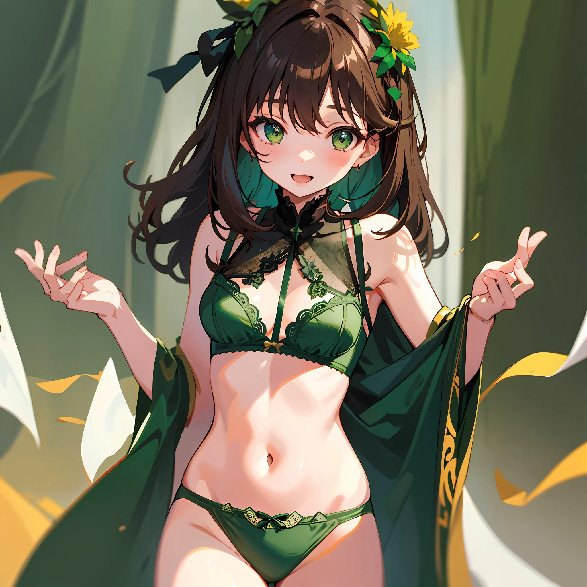 1girl, cheerful, brown hair, dark green eyes, dark green underwear, undressed, spruce forest, elegant, sexy