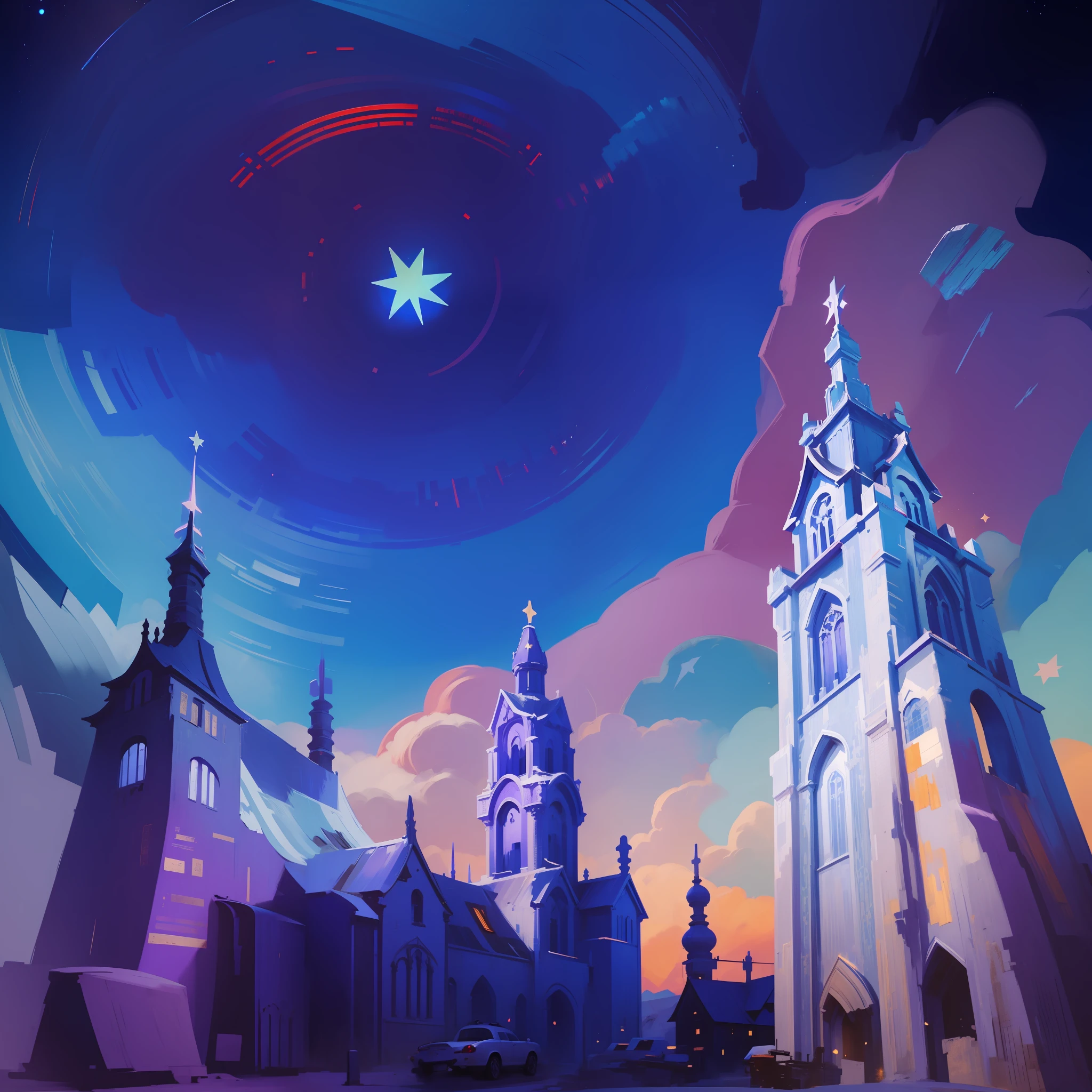towers of god, blue towers, violet, blue, red, god, red sky, violet sky, starry sky, stars, starry towers, starry god, light blue, civilization, order