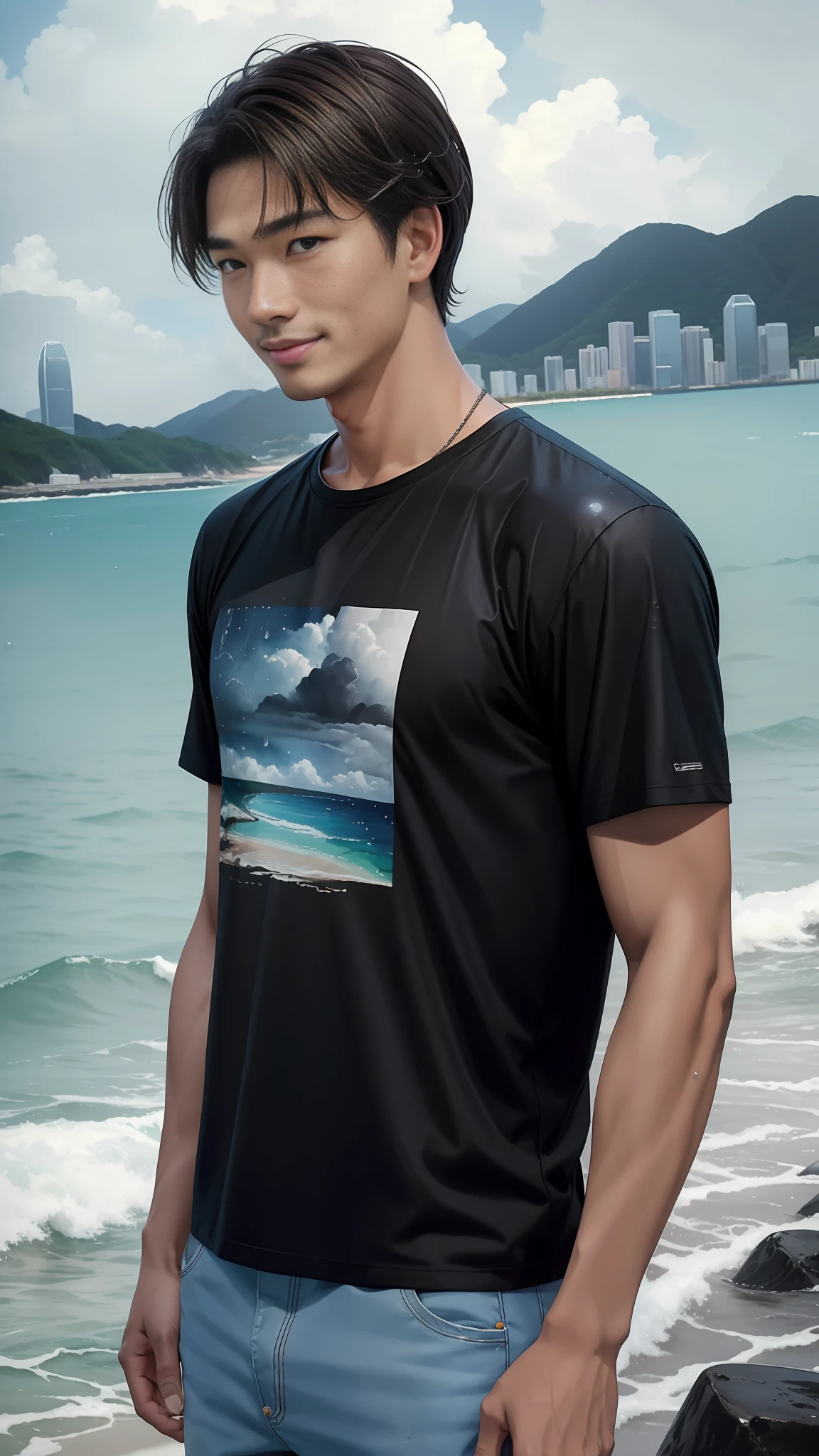 Dark Sky, solo, 1990s, perfect bust, handsome Hong Kong male smiling, raindrops on hair, detailed face, at the beach, wearing colorful t-shirt, 26 years old, dark brown hair, ivy, depth of field, watercolor, perfect composition, abstraction, surrealism, expressionism