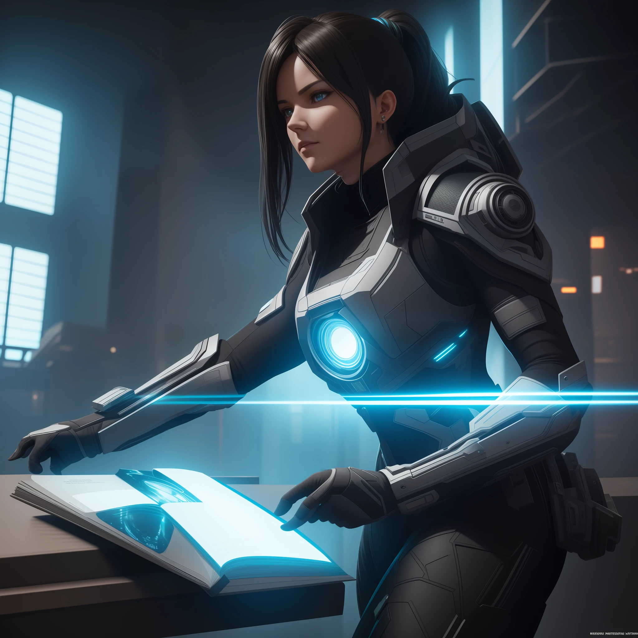 (Best Quality)), (Masterpiece)), (Details: 1.4), 3D, Image of a beautiful cyberpunk woman,Holding a book in front of a table,HDR (High Dynamic Range),Ray Tracing,NVIDIA RTX,Super Resolution,Unreal 5,Subsurface Scattering,PBR Texturing,Post-Processing,Anisotropic Filtering,Depth of Field, Maximum Clarity and Sharpness, Multilayer Textures, Albedo and Specular Maps, Surface Shading, Accurate Simulation of Light-Material Interactions, Perfect Proportions, Octane Rendering, Two-Tone Lighting, Wide Aperture, Low ISO, White Balance, Rule of Thirds, 8K RAW,