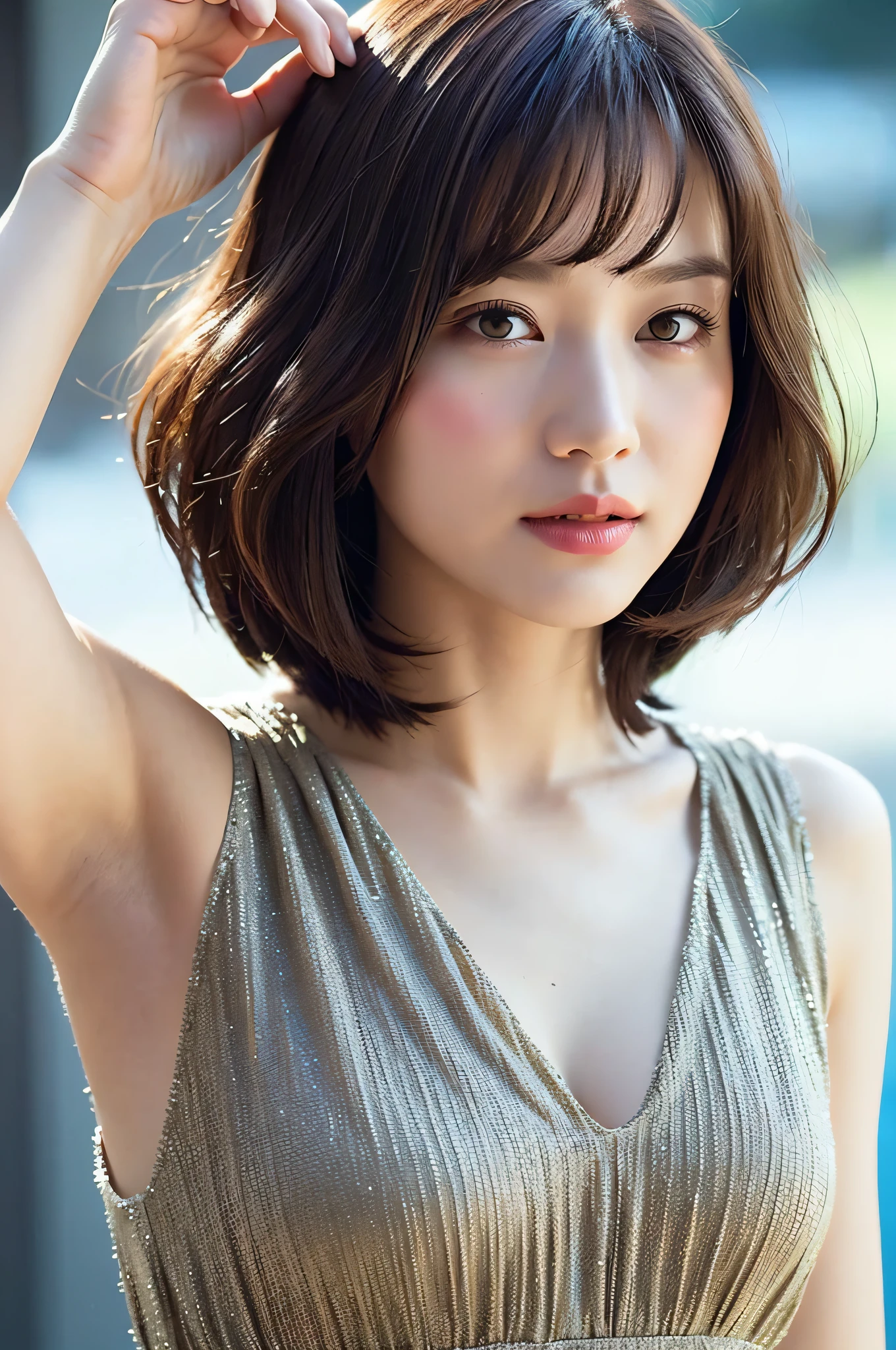 best quality, masterpiece, high resolution, 1girl, beautiful and perfect face, bob cut, maxi dress, intricate detailed, cinematic feel, 8k, extremely detailed