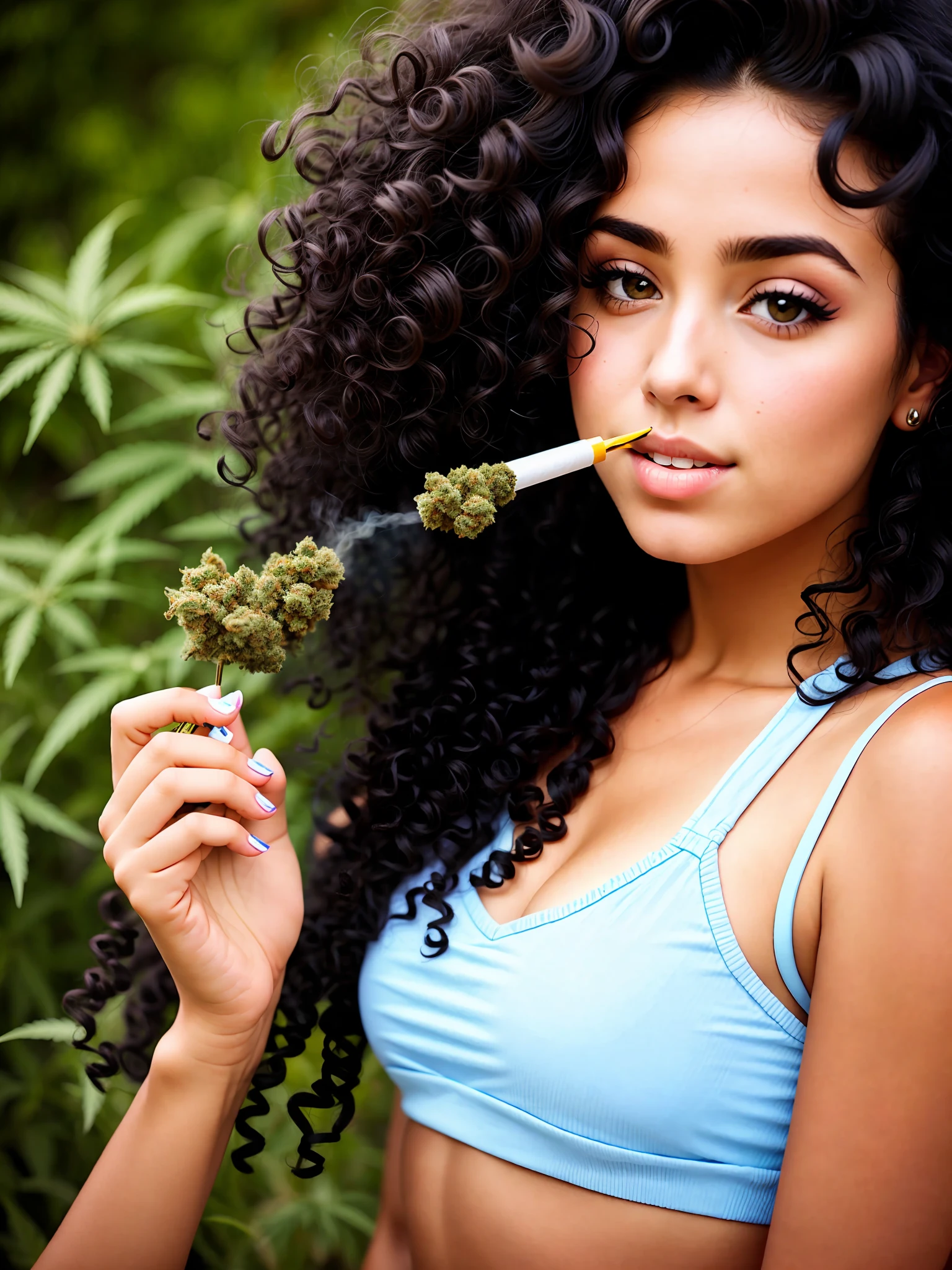 Girl black curly hair smoking cannabis