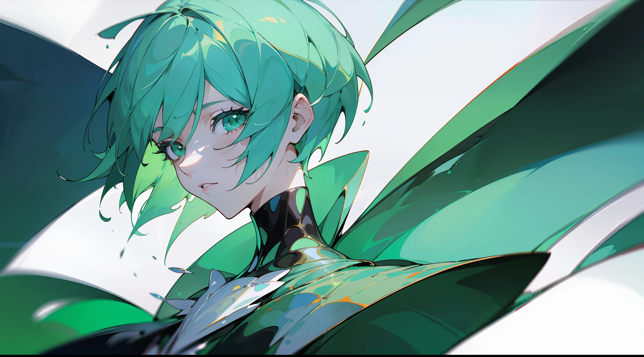 phosphophyllite, phos, short_hair, green_hair, shiny_hair, portrait, regal, robe, intricated, detailed,  cyberpunk,  splash screen, swirling background